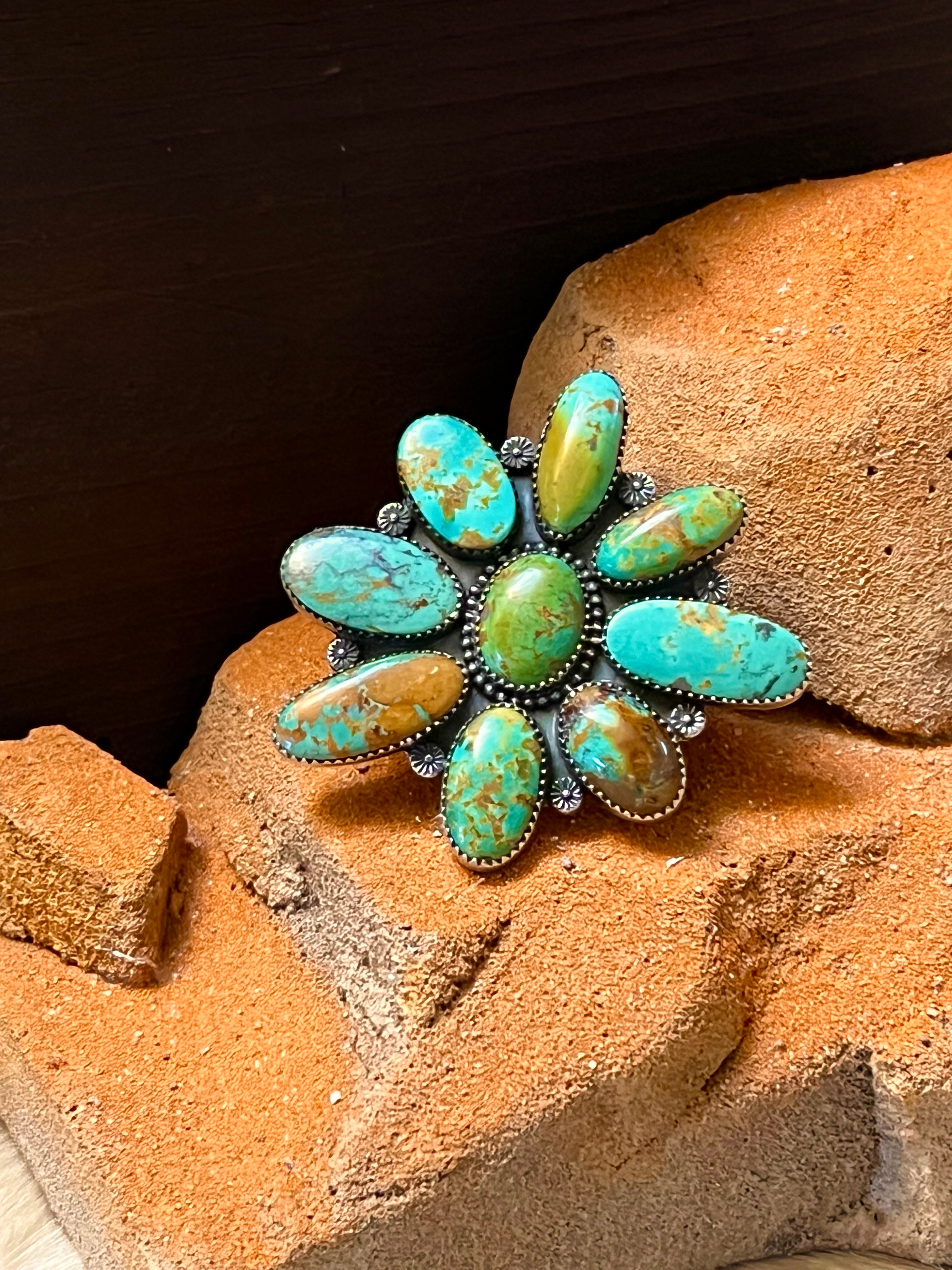 Handmade Sterling Silver & Mantis Turquoise Flower Cluster Adjustable Statement Ring