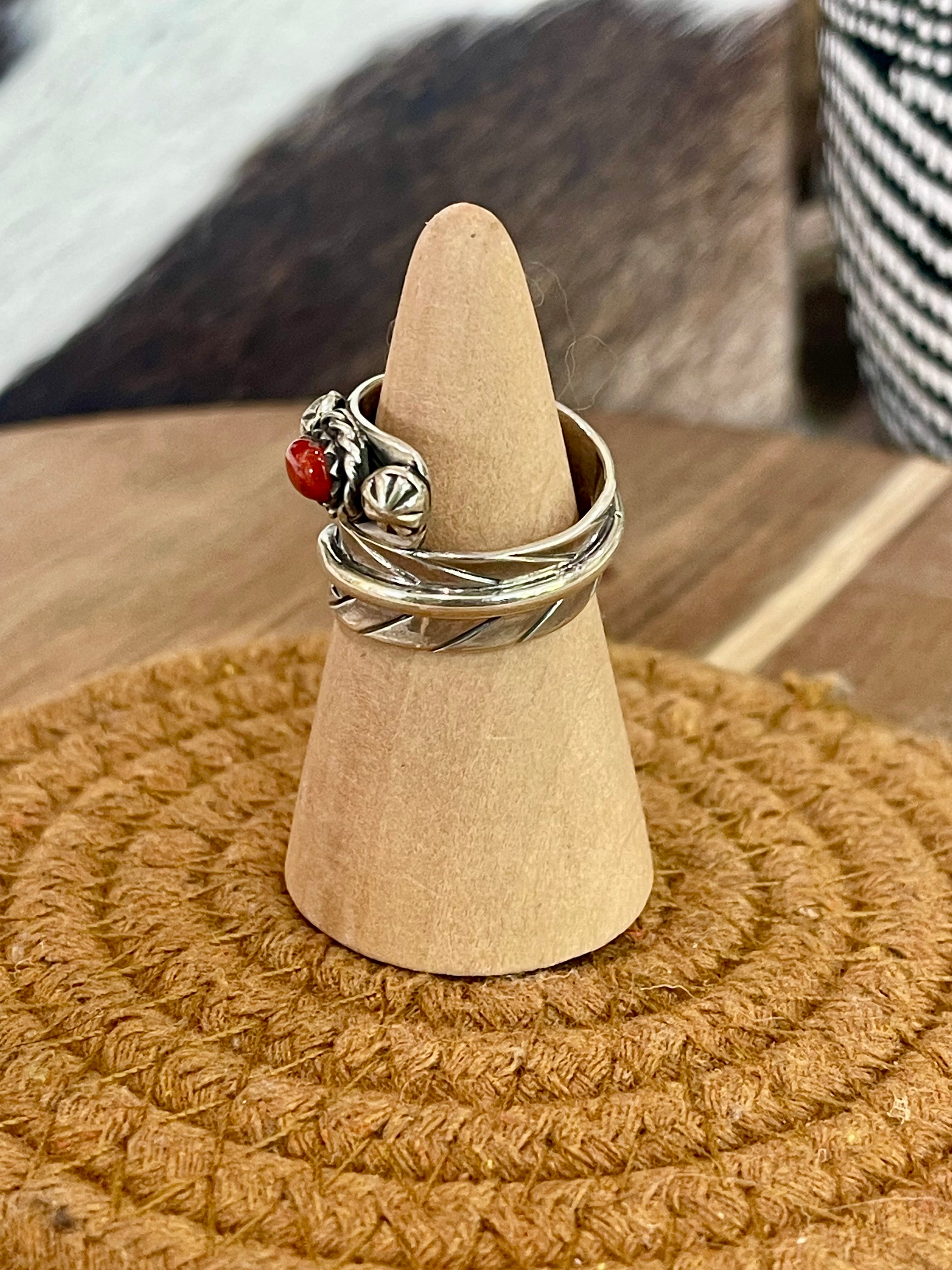 Handmade Sterling Silver & Coral Adjustable Feather Band Ring