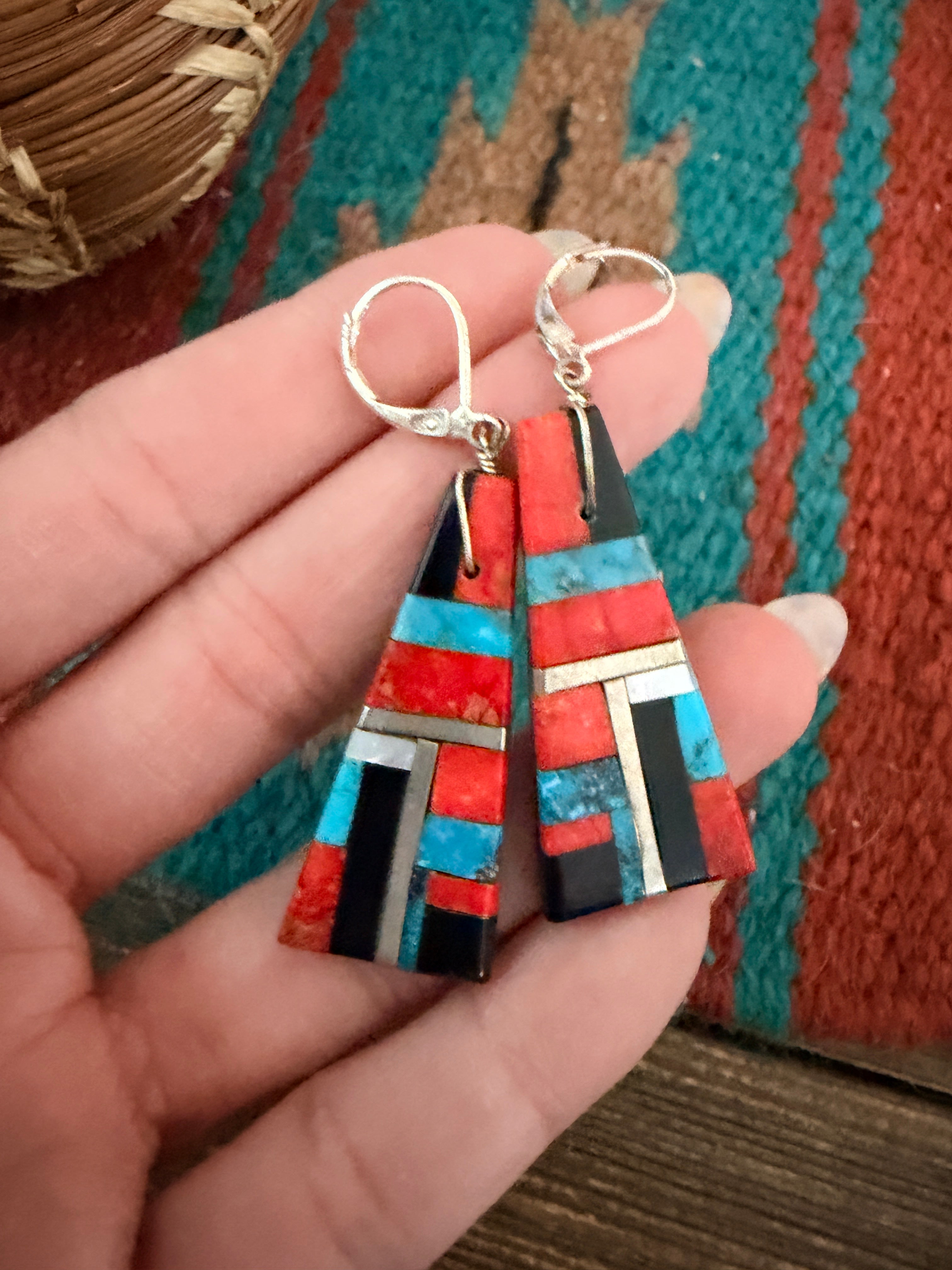 Old Pawn Handcrafted Multi Stone Inlay Dangle Earrings