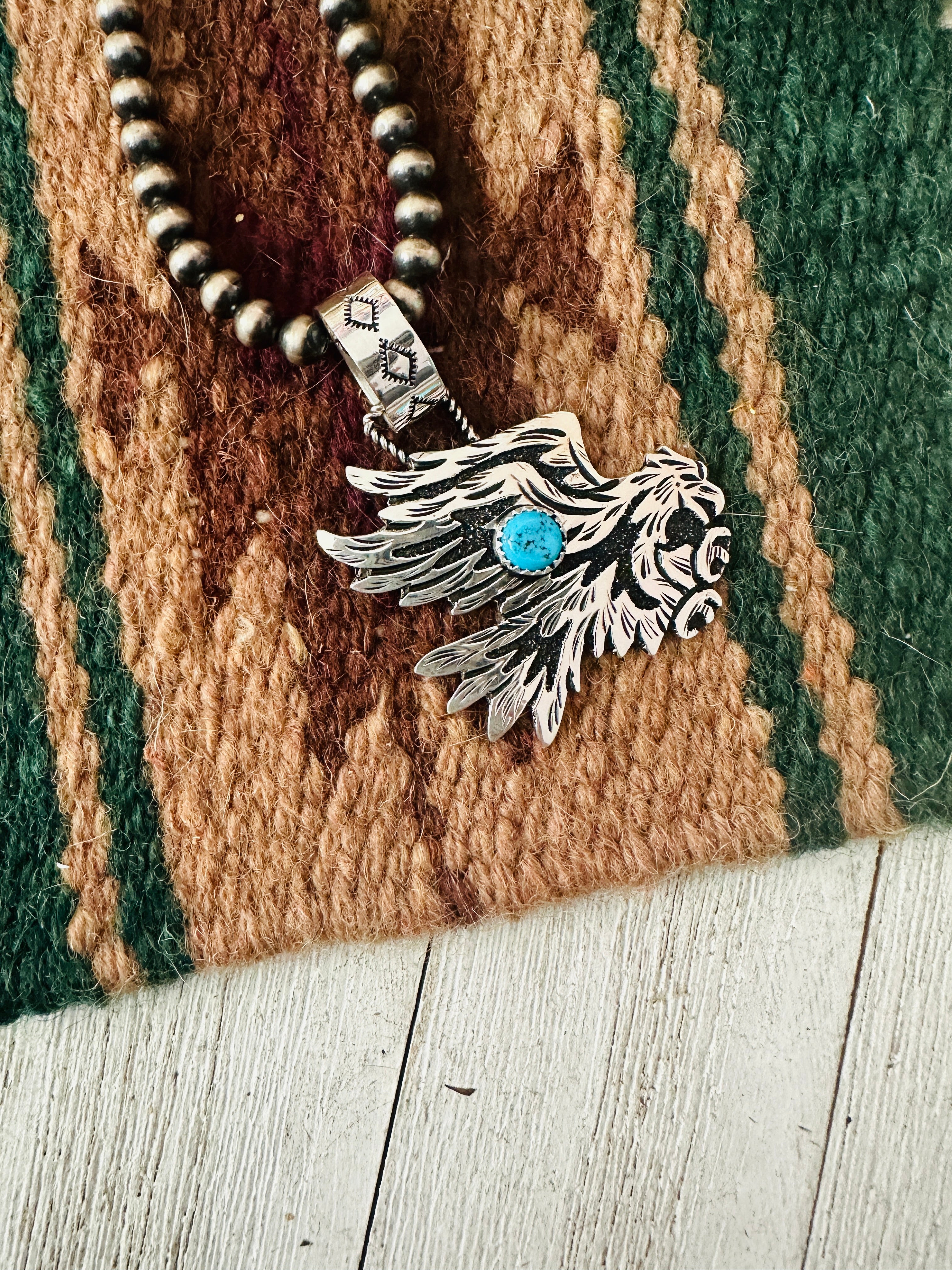 Navajo Turquoise & Sterling Silver Eagle Pendant Signed Richard Singer