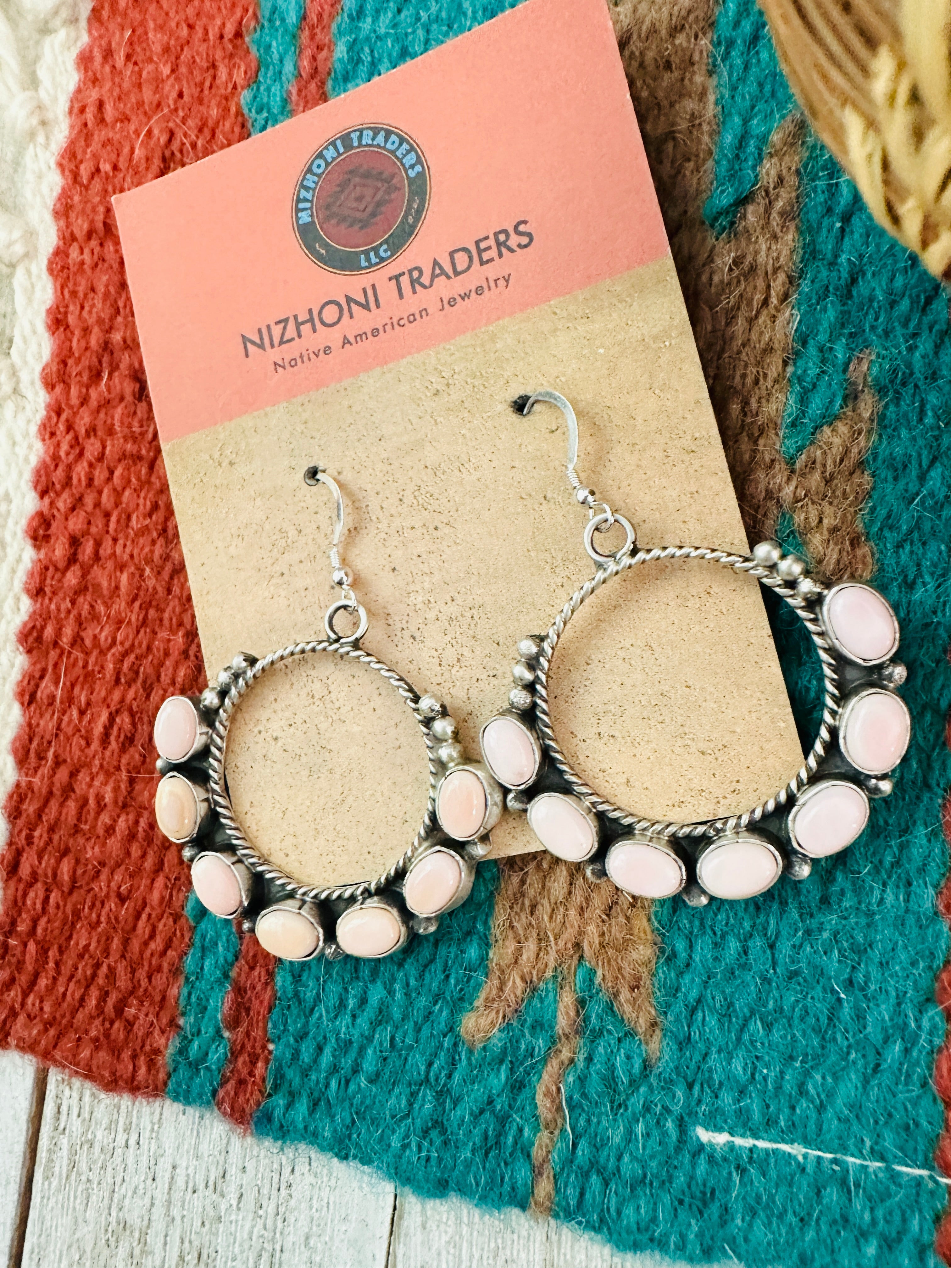 Navajo Queen Pink Conch & Sterling Silver Circle Dangle Earrings Signed