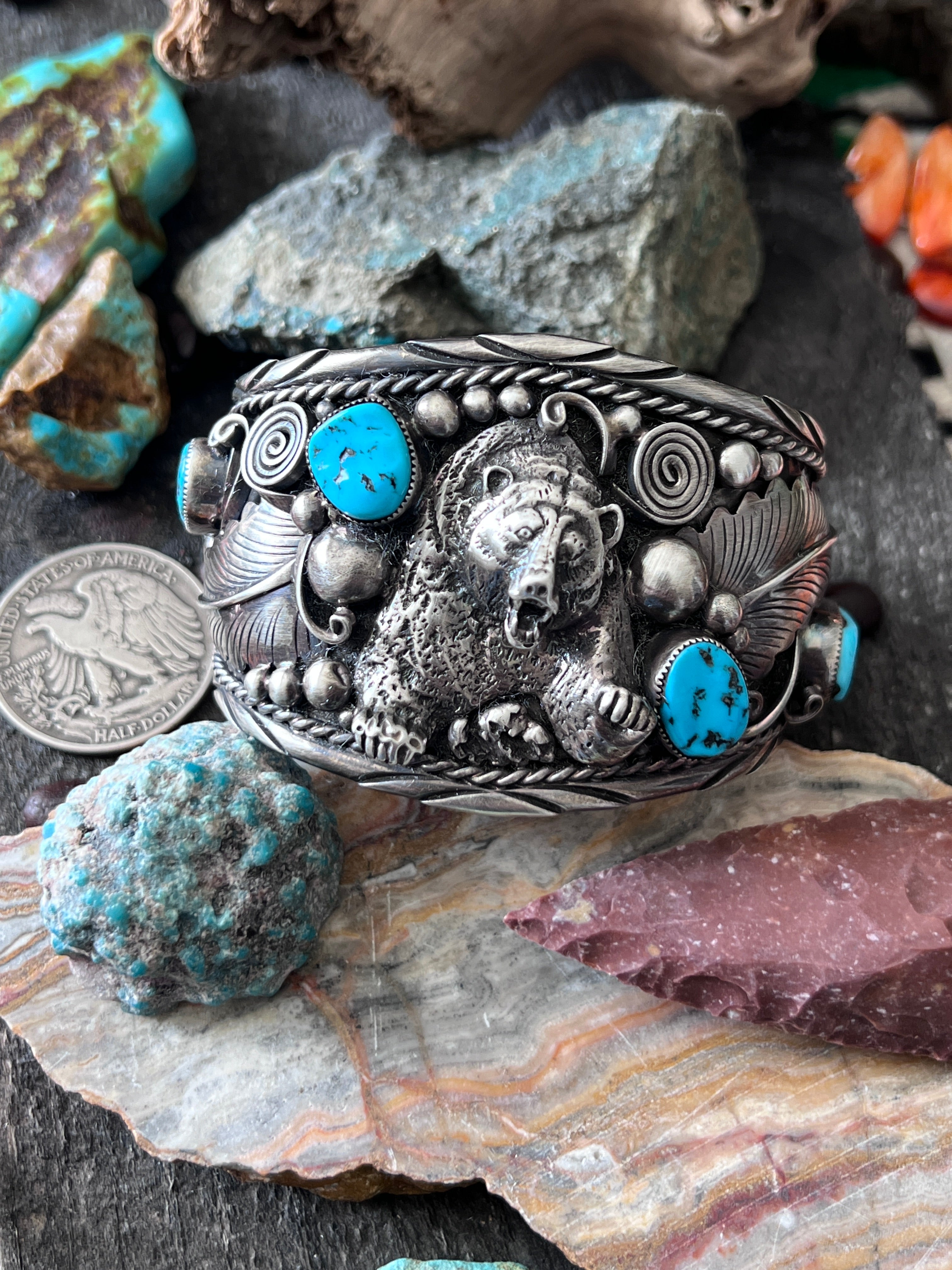 Old Pawn Sterling Silver and Kingman Turquoise Bear Motif Cuff by Running Bear
