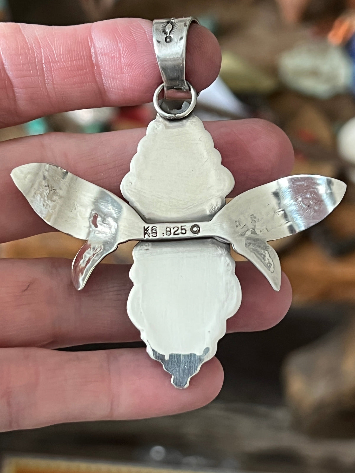 Handcrafted Sterling Silver and Turquoise Winged Bug Pendant by Kimari Somers