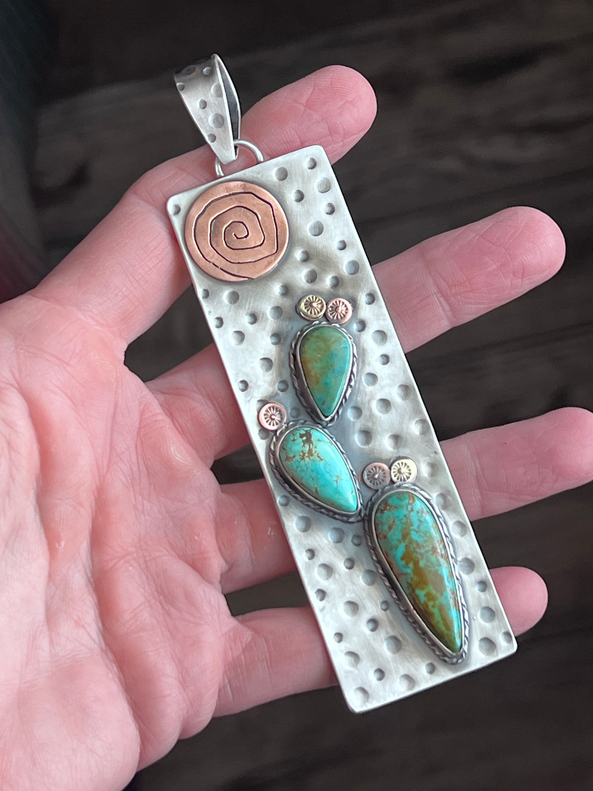 Kimari Somers Hand Stamped Sterling Silver, Copper, Brass & Kingman Turquoise Prickly Pear Cactus Sun Pendant