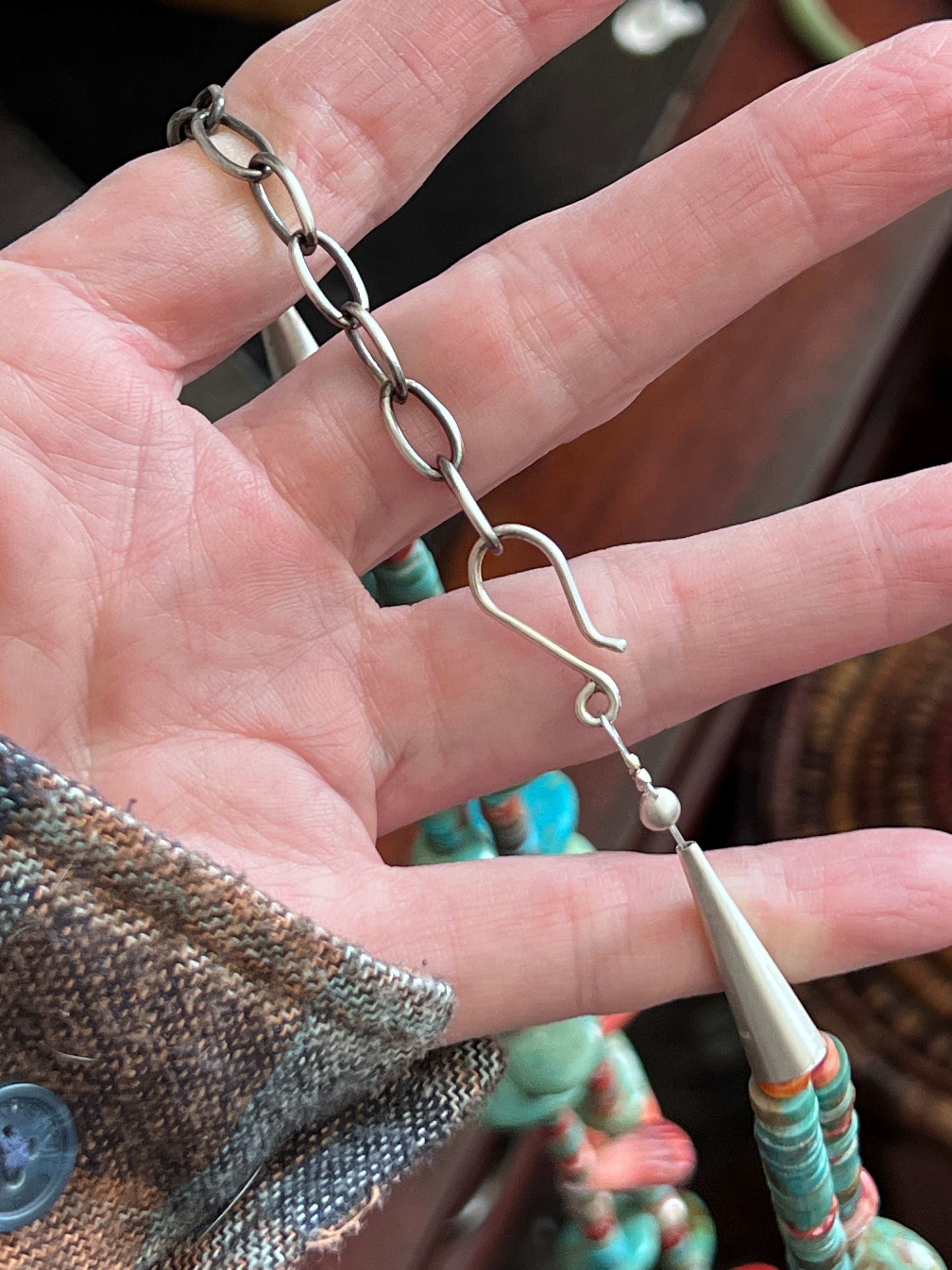 Stunning Handcrafted Double Strand Sterling Silver, Turquoise and Spiny Oyster Beaded Tab Necklace by Daniel Coriz