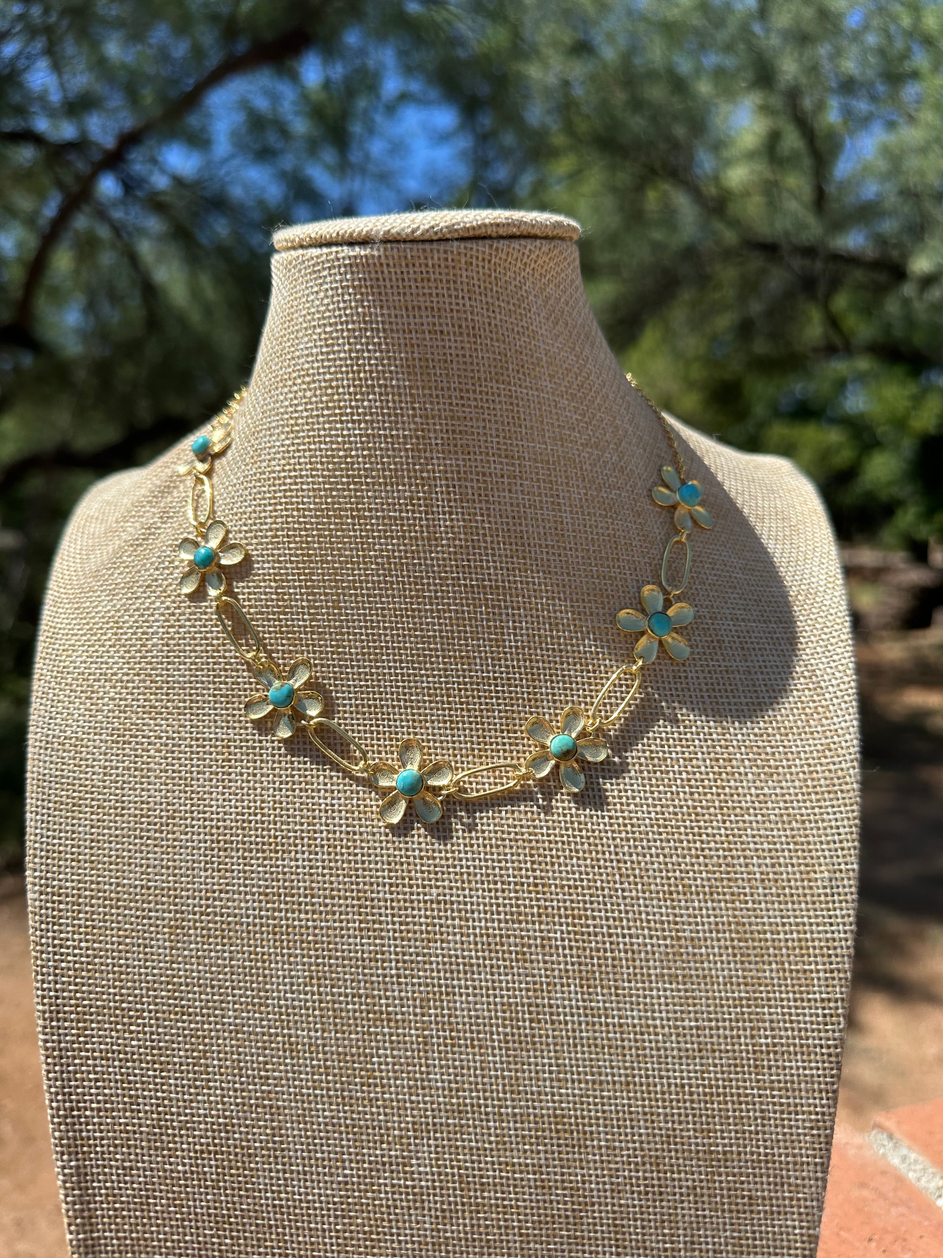 “The Golden Collection” Handmade Natural Turquoise Gold Plated Daisy Link Choker 14-18.5”