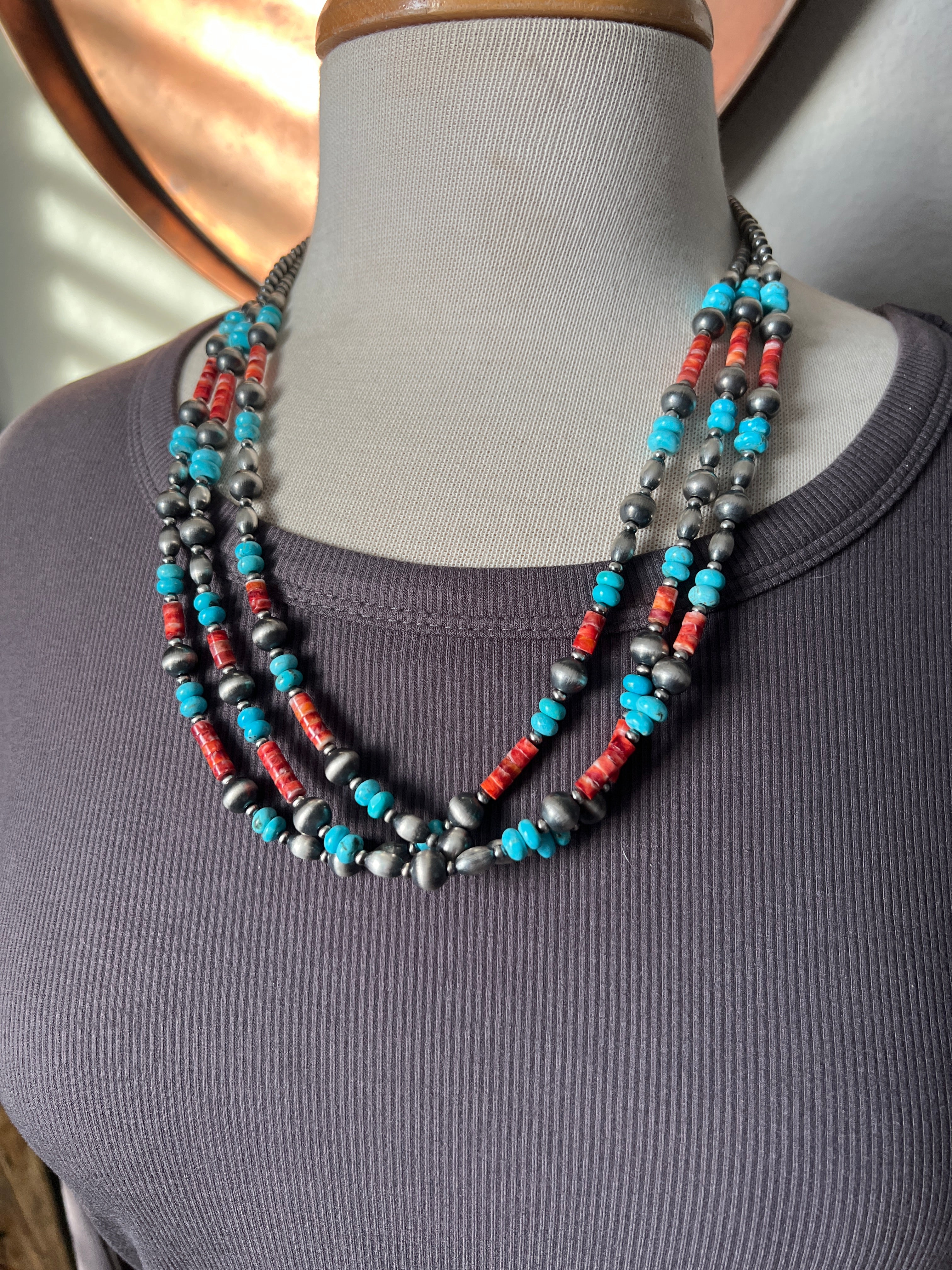 Bohemian Bliss Beaded Layering Necklace with Sterling Silver, Spiny Oyster Shell and Turquoise, 24” + 1.5”