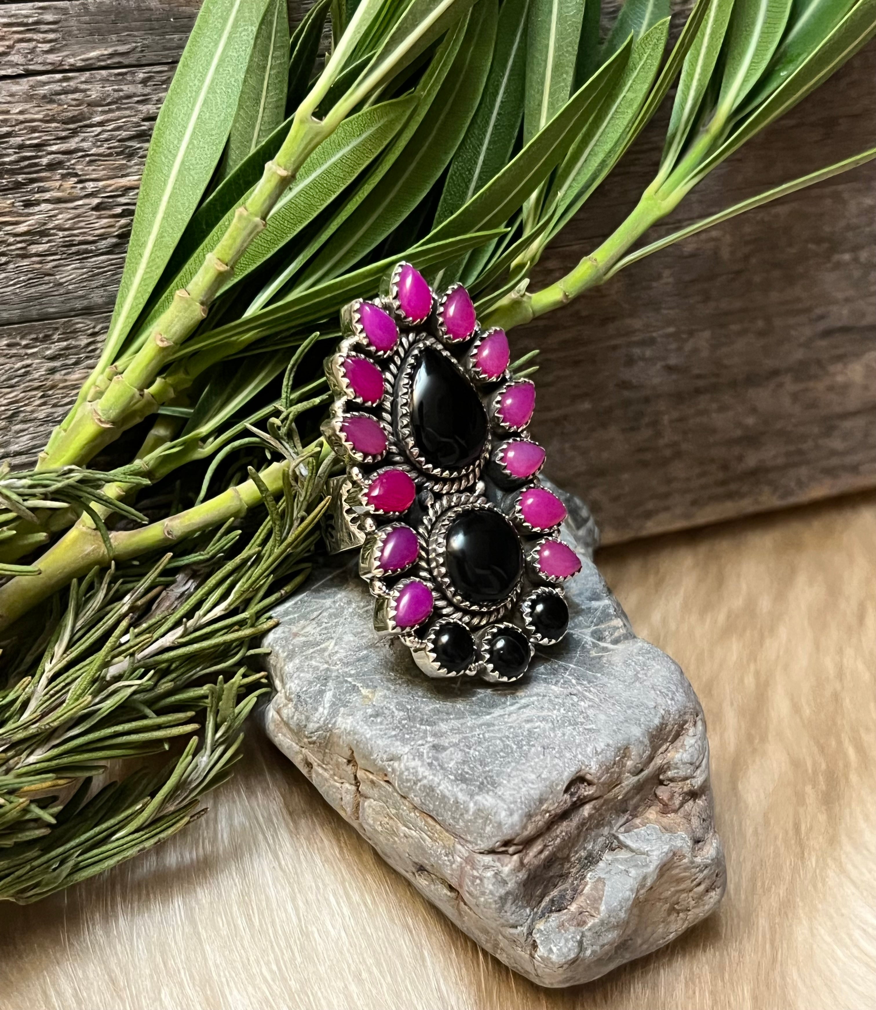 Handmade Pink & Black Onyx Sterling Silver Adjustable Ring