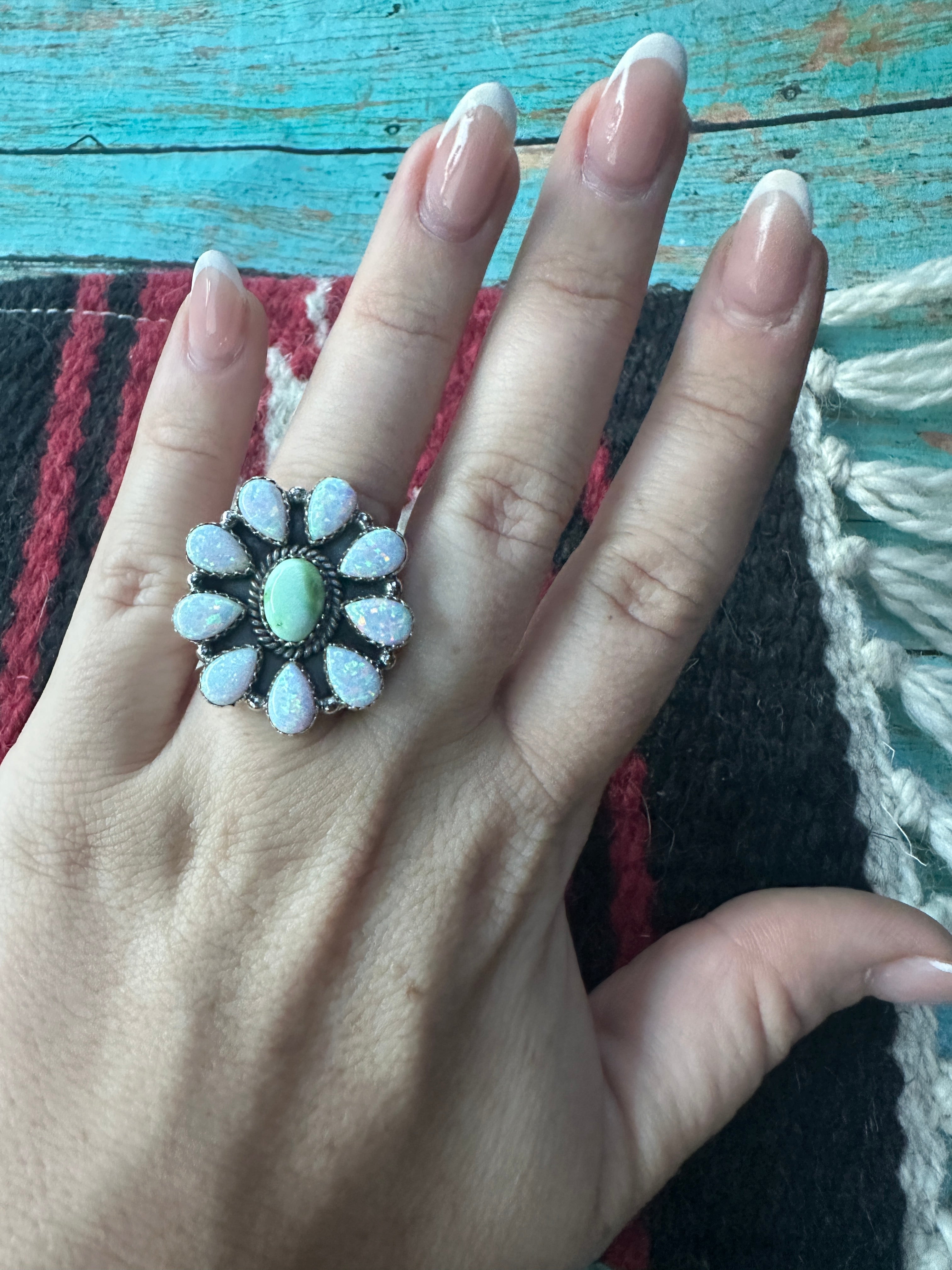 Beautiful Handmade Palomino Turquoise, Fire Opal And Sterling Silver Adjustable Ring