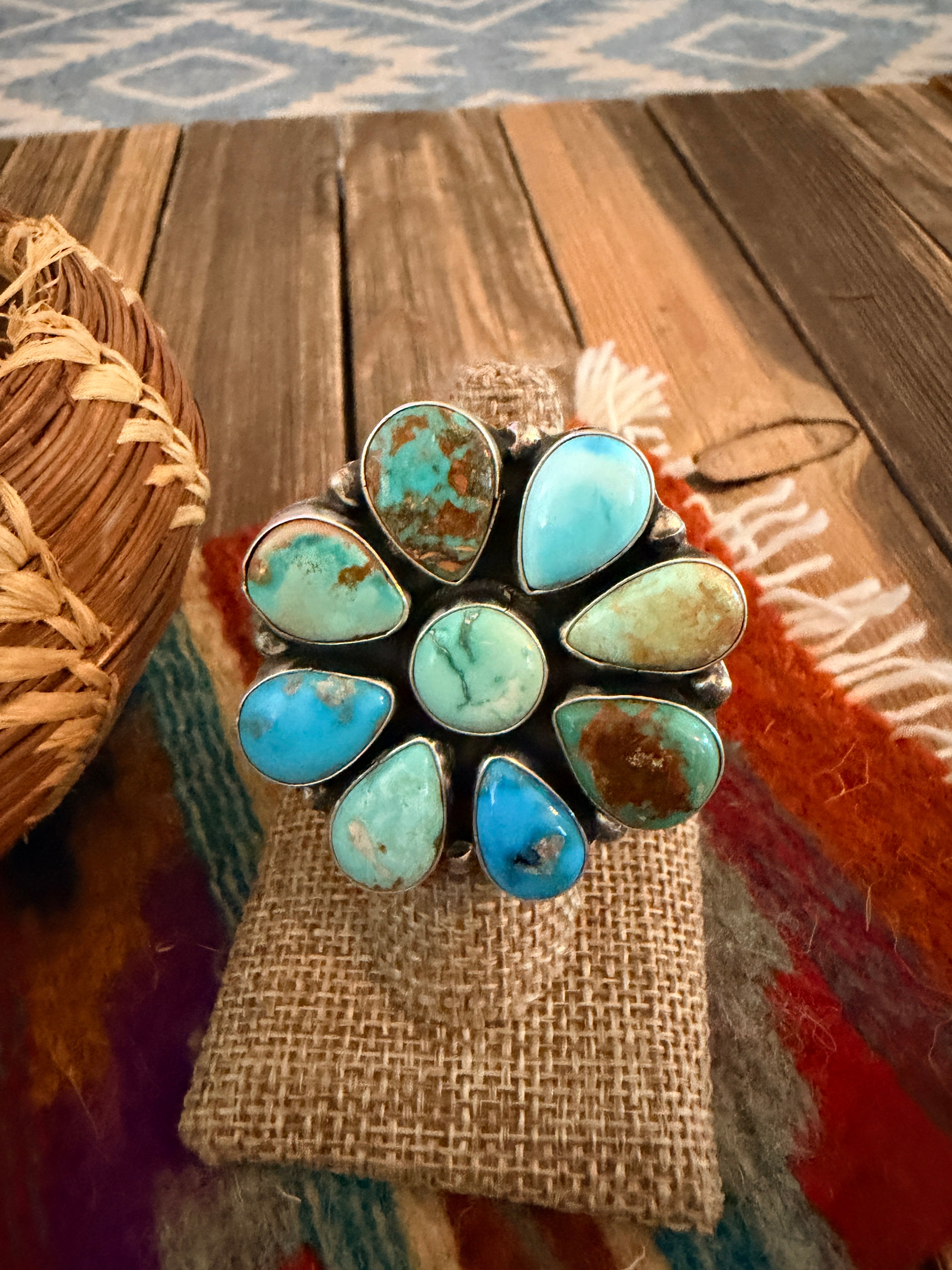 Handcrafted Multi Turquoise & Sterling Silver Cluster Adjustable Ring
