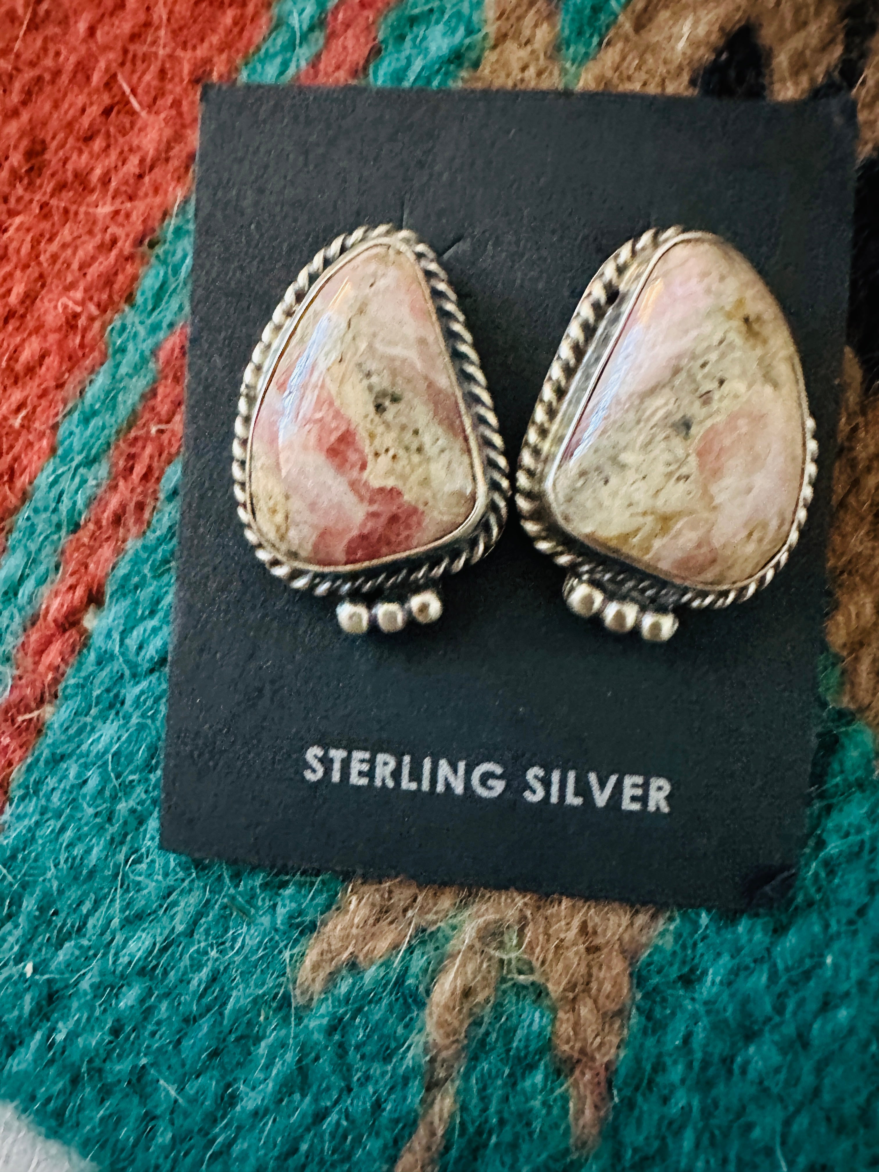 Navajo Rhodochrosite & Sterling Silver Post Earrings