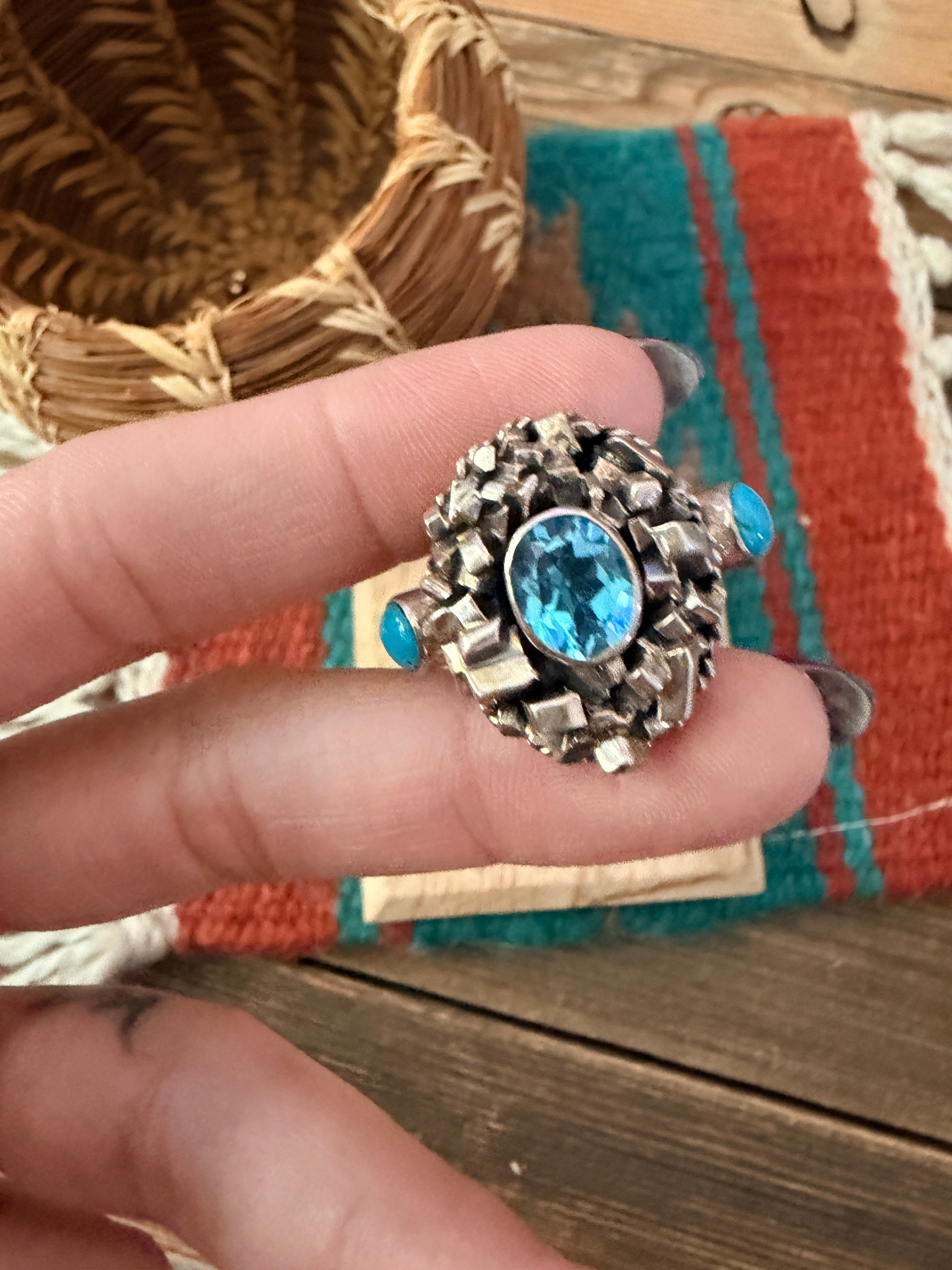 Old Pawn Handcrafted Topaz, Turquoise & Sterling Silver Ring Size 5.5