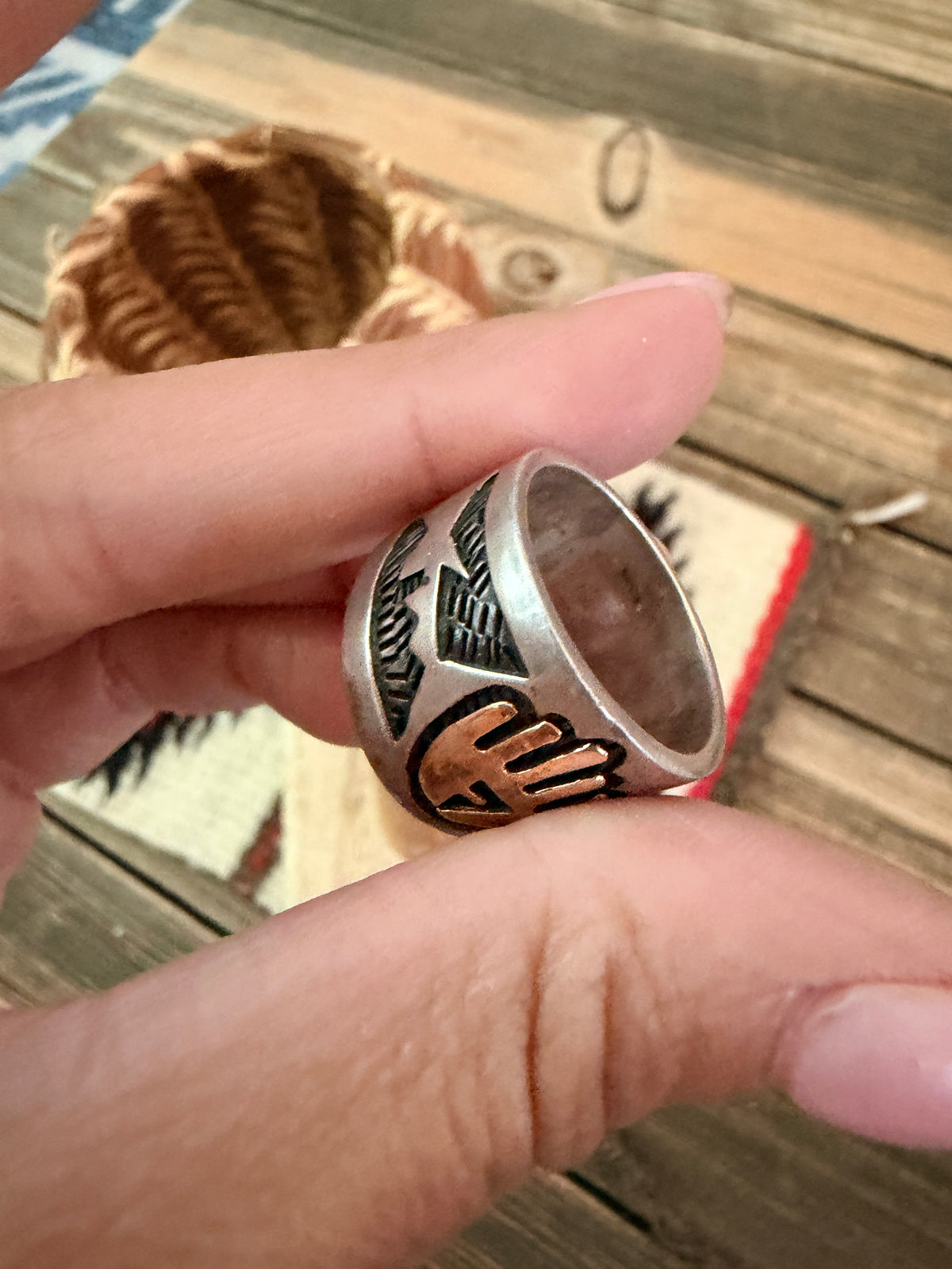 Old Pawn Handcrafted Copper & Sterling Silver Band Ring Size 7.5