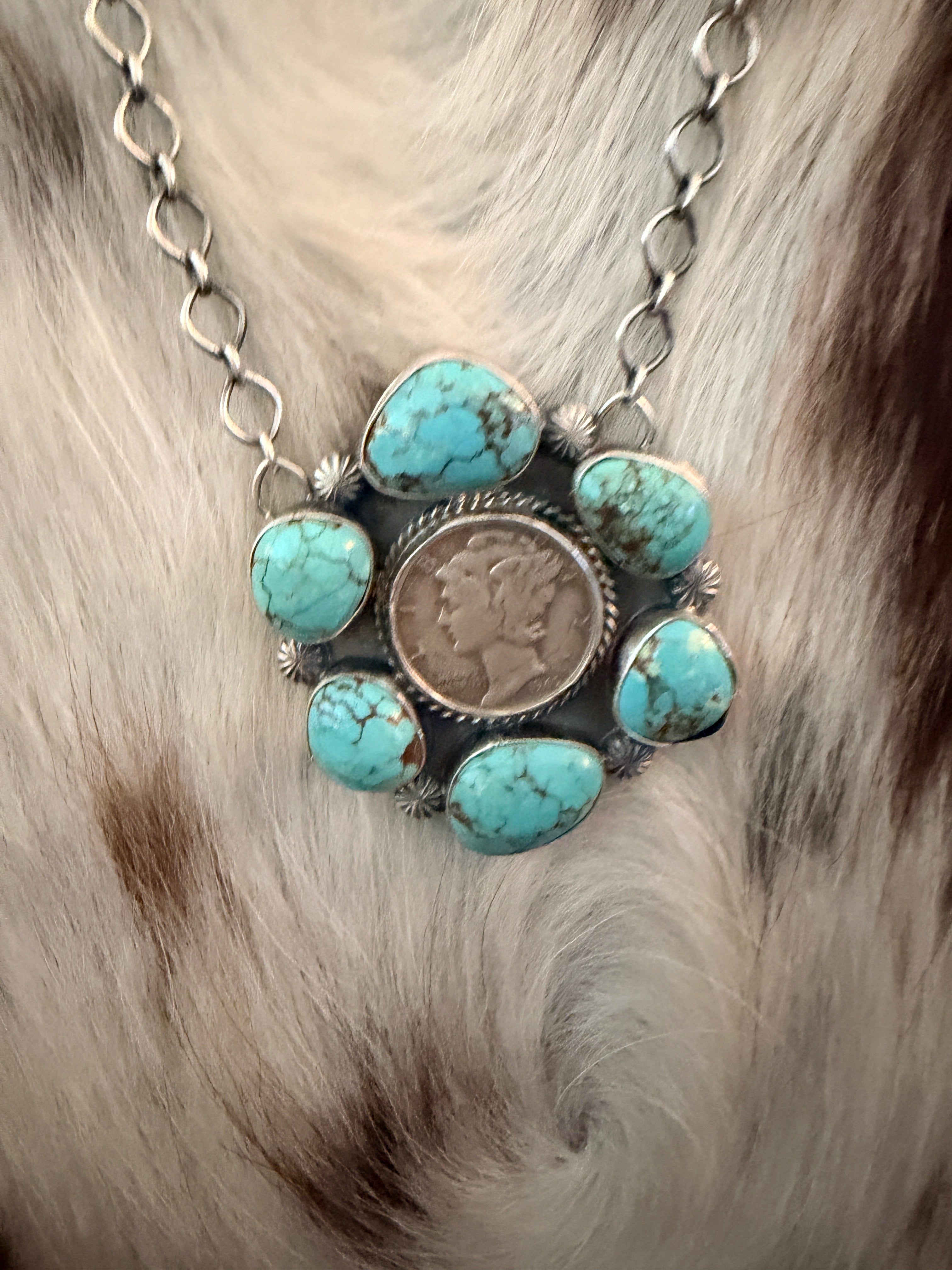 Handcrafted Turquoise & Sterling Silver Liberty Dime Necklace by Sheila Tso