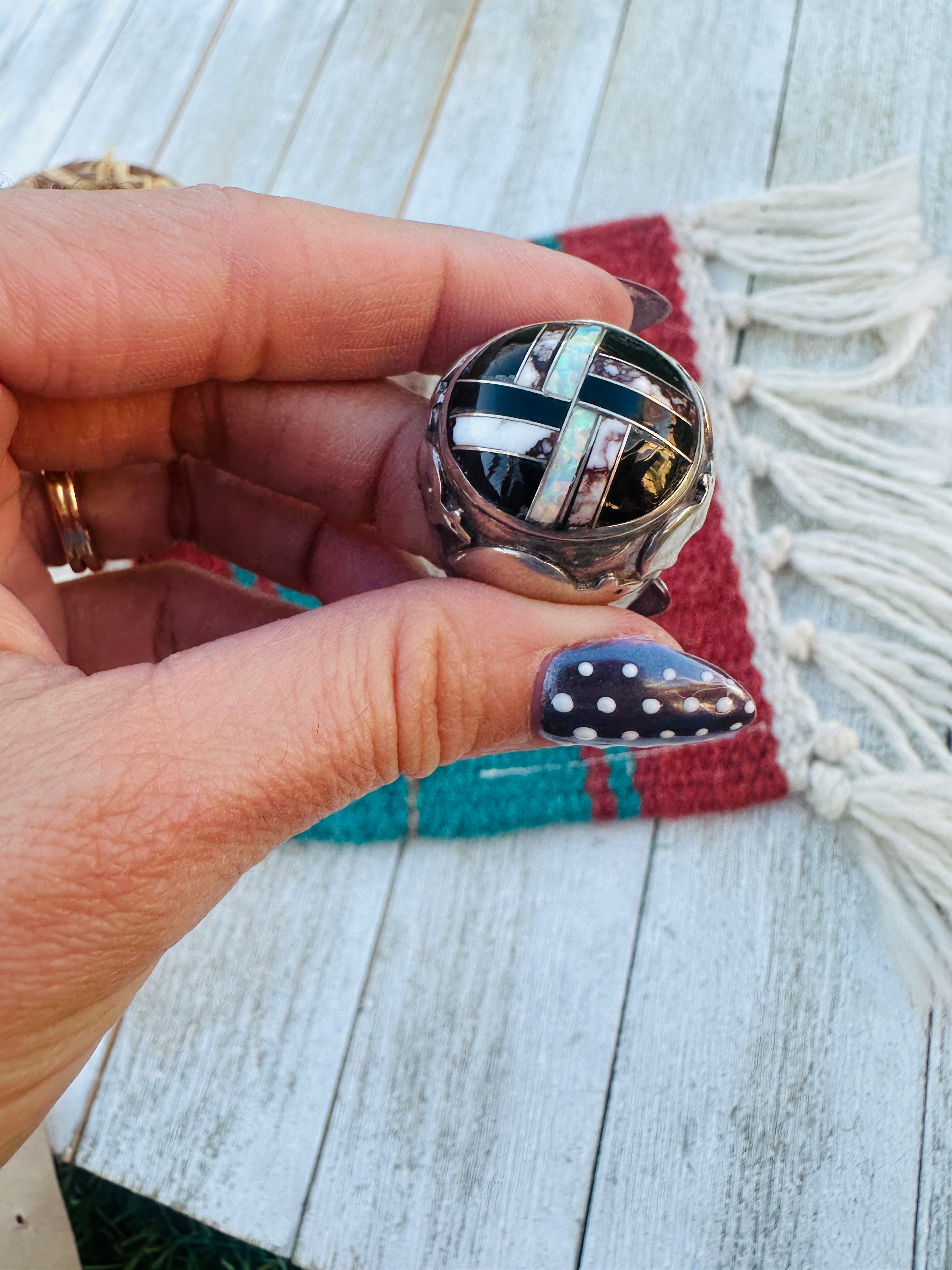 Old Pawn Handcrafted Multi Stone & Sterling Silver Inlay Ring Size 11.75