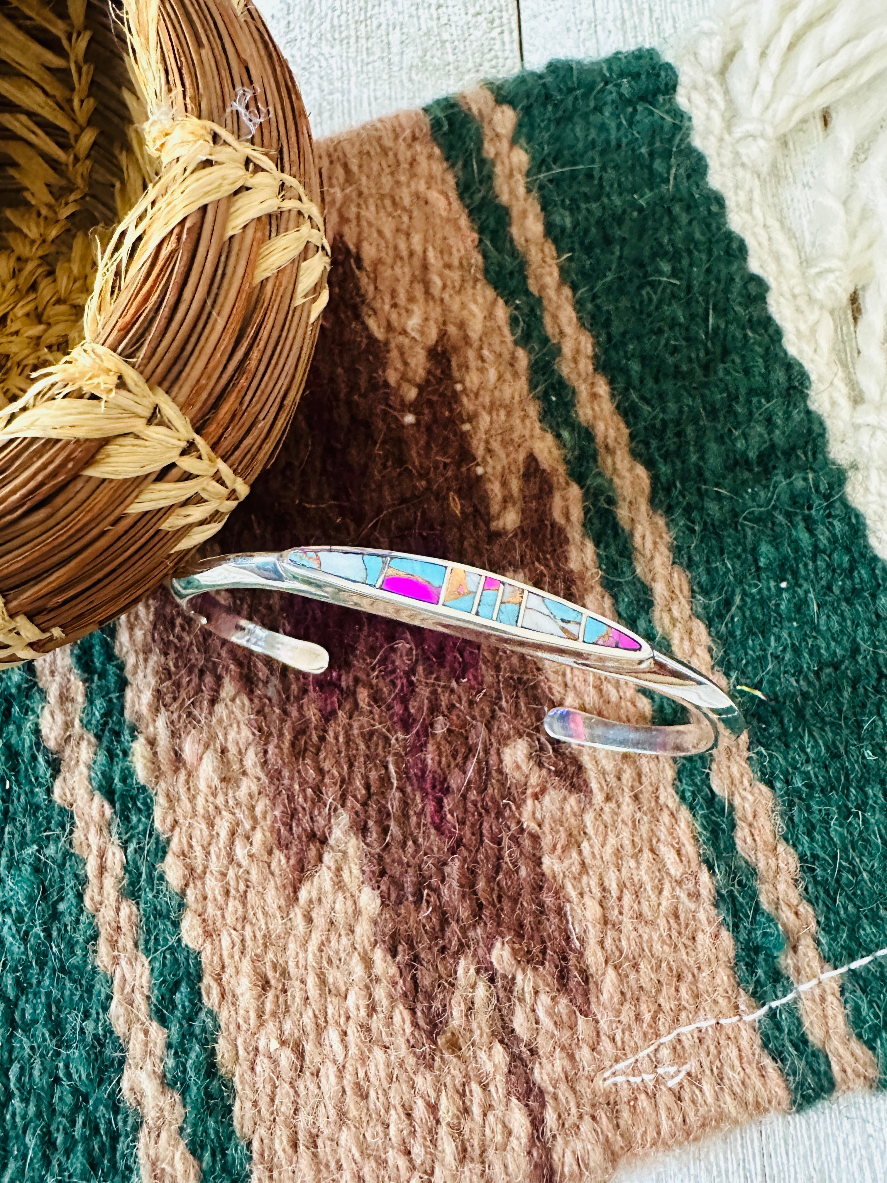 Handcrafted Cotton Candy & Sterling Silver Inlay Cuff Bracelet