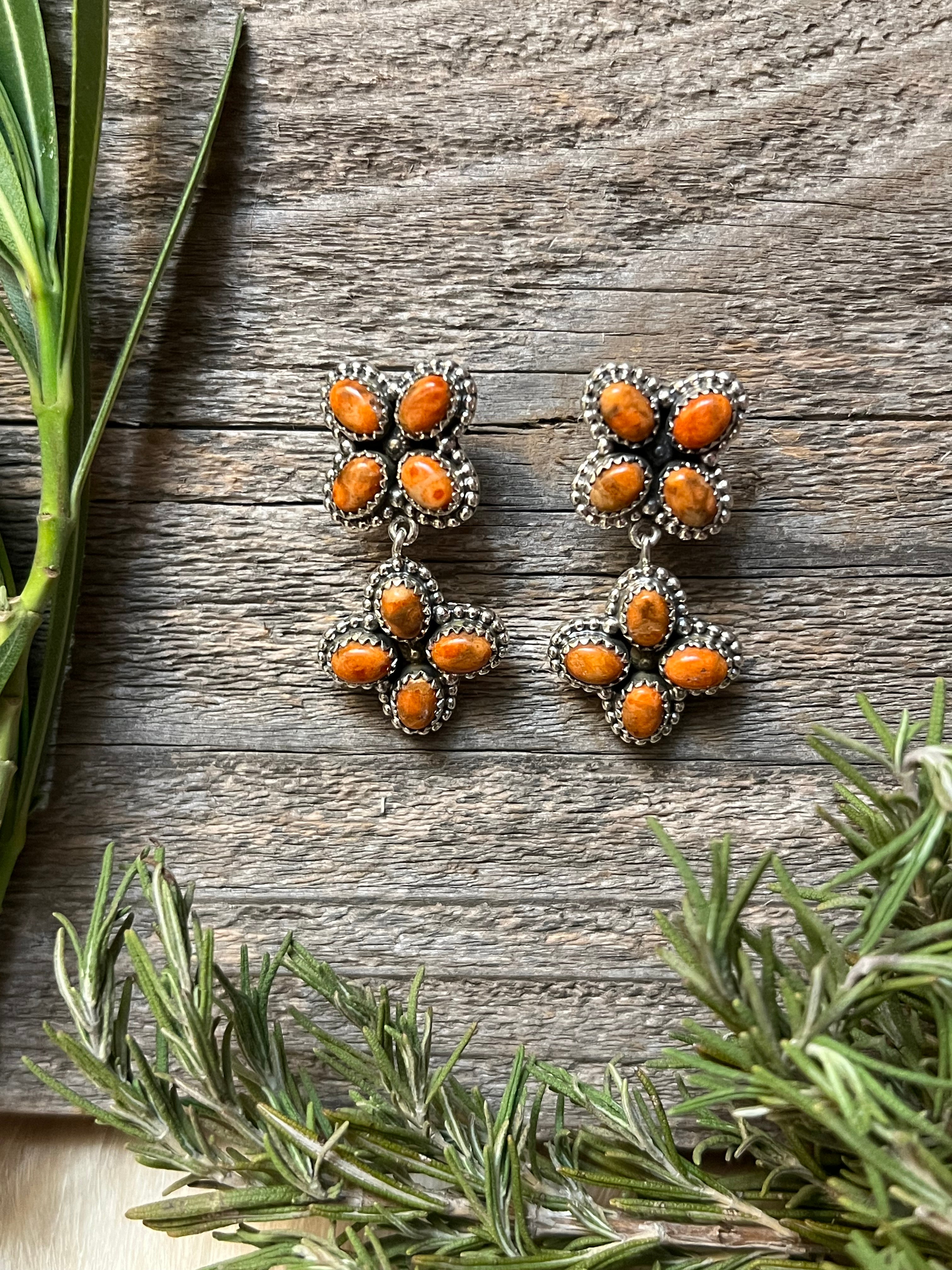 Handmade Spiny Oyster Flower Cluster Sterling Silver Dangle Earrings