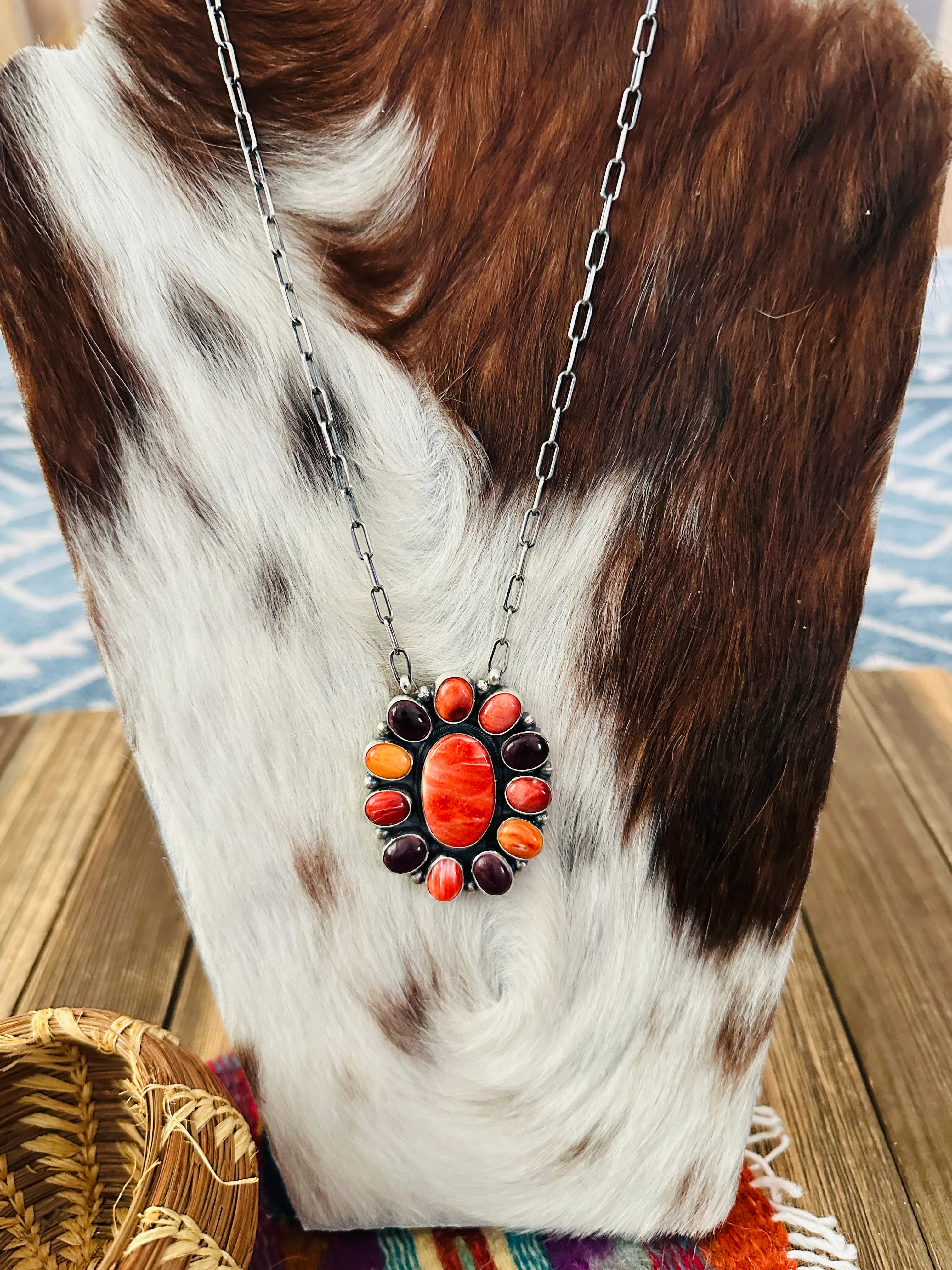 Handcrafted Multicolor Spiny Oyster & Sterling Silver Cluster Necklace by Sheila Becenti