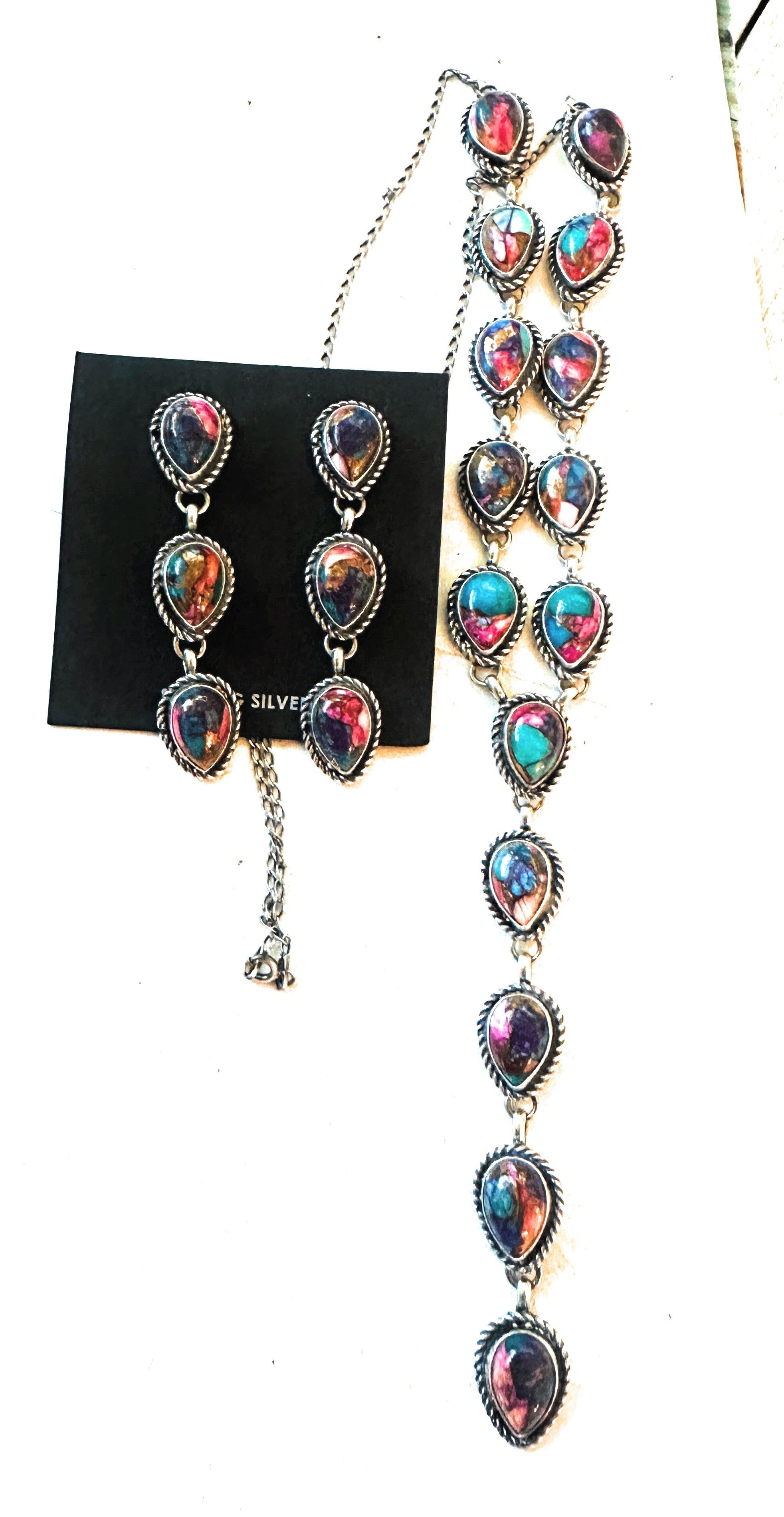 Navajo Sterling Silver & Pink Dream Mojave Lariat Necklace Set