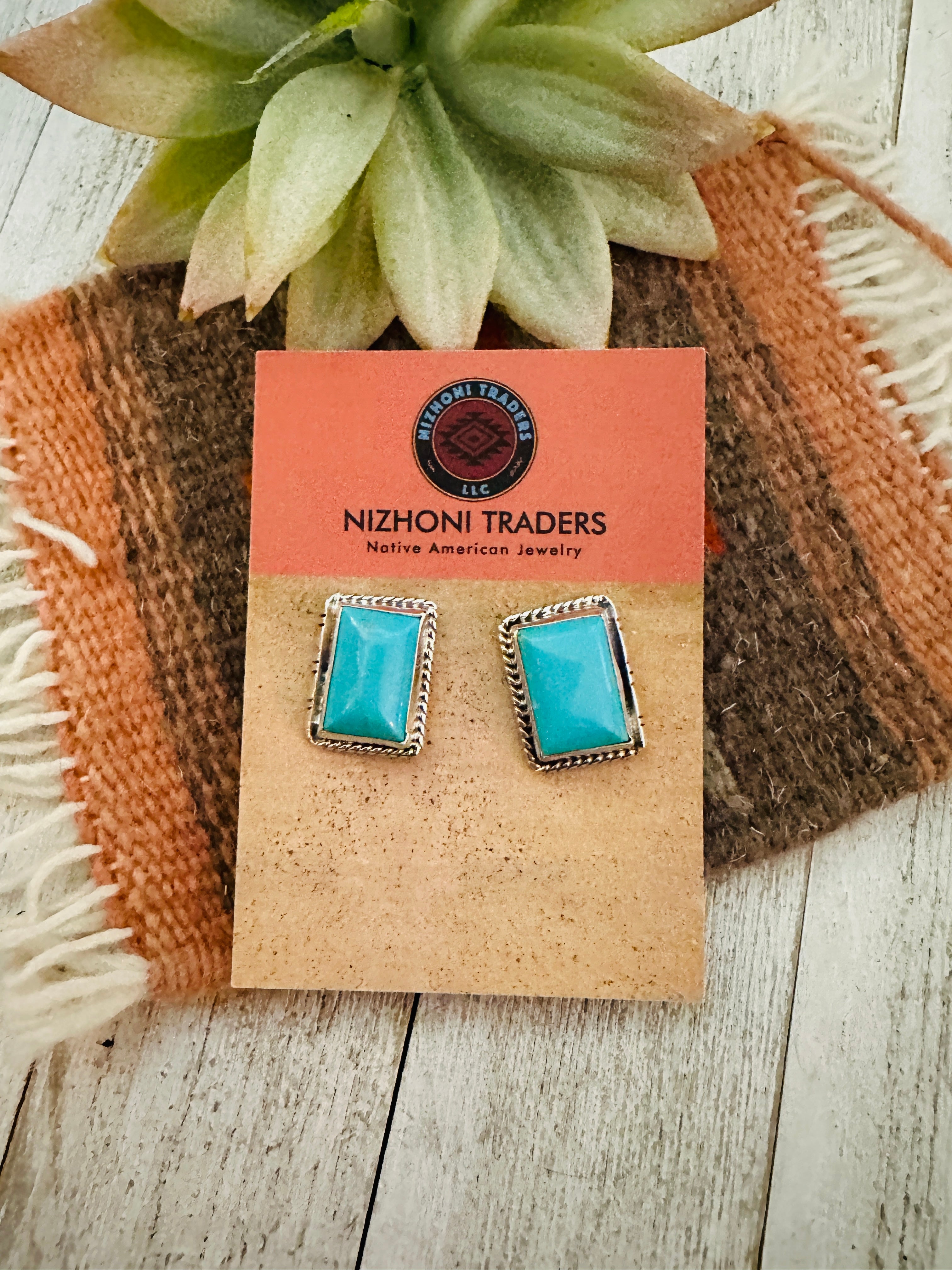 Navajo Turquoise & Sterling Silver Rectangle Post Earrings