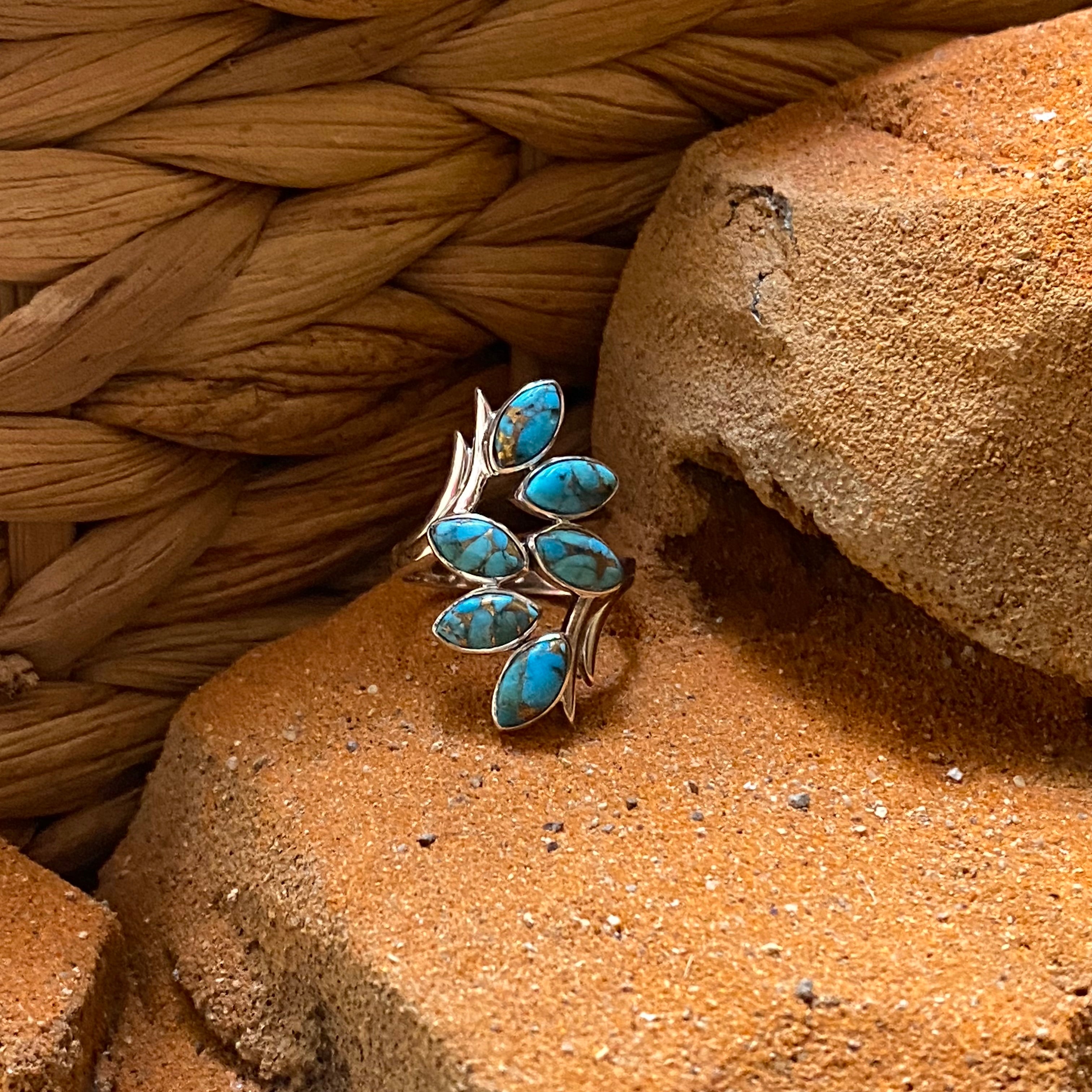 Sterling Silver Six Leaf Copper Turquoise Ring Size 8.75