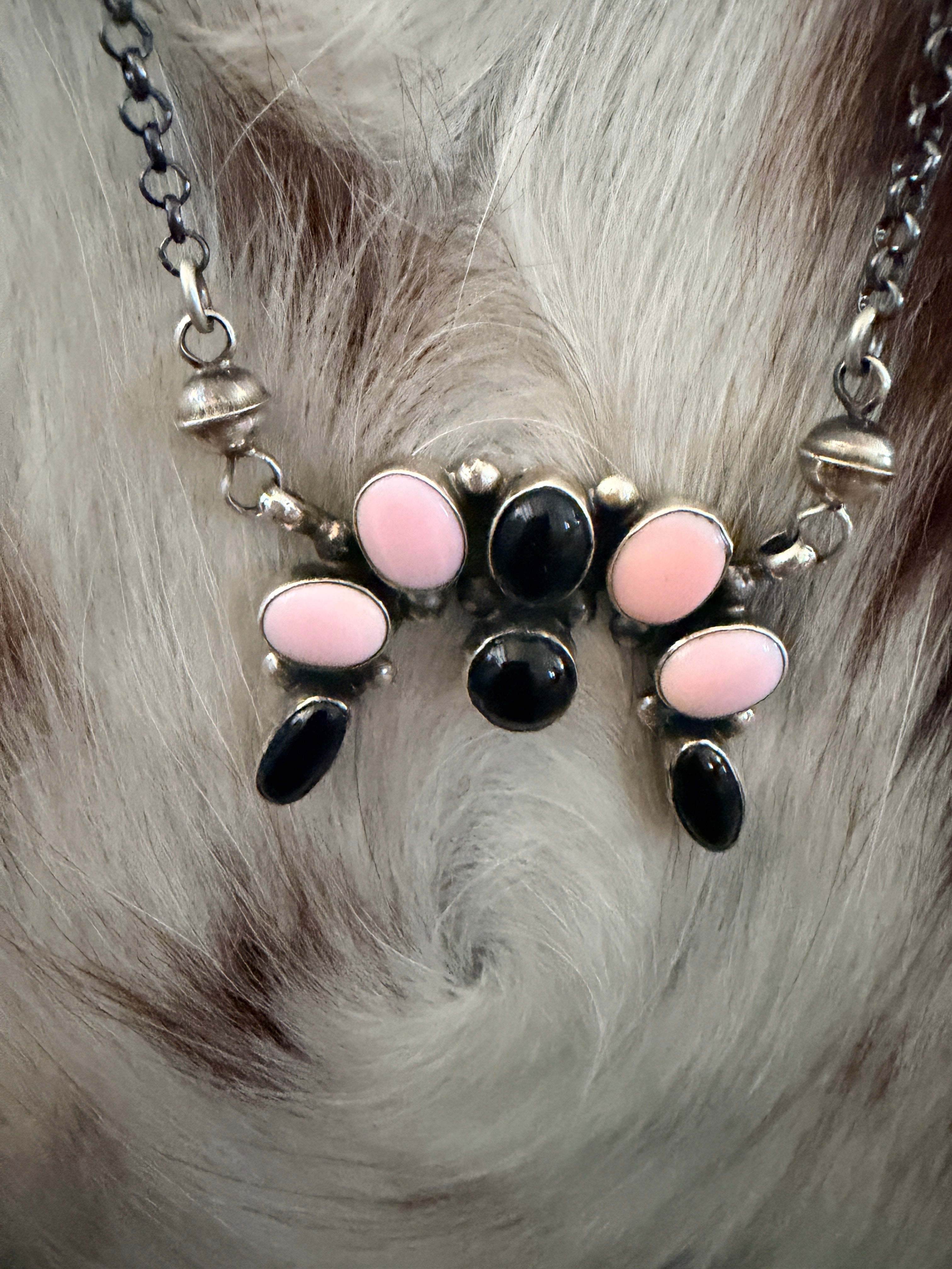 Handcrafted Queen Pink Conch, Onyx & Sterling Silver Naja Necklace by Jacqueline Silver