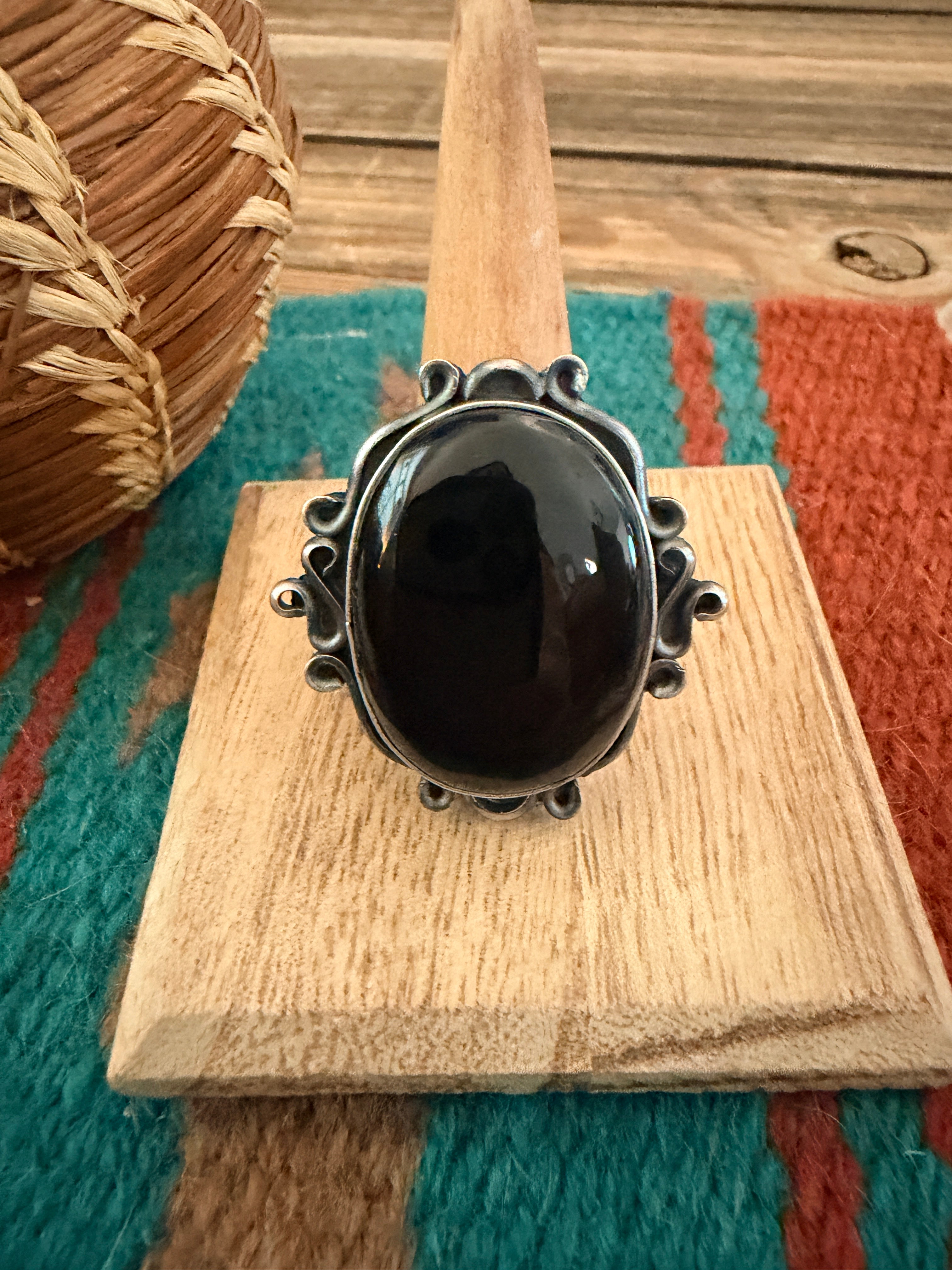 Handcrafted Black Onyx & Sterling Silver Ring Size 9