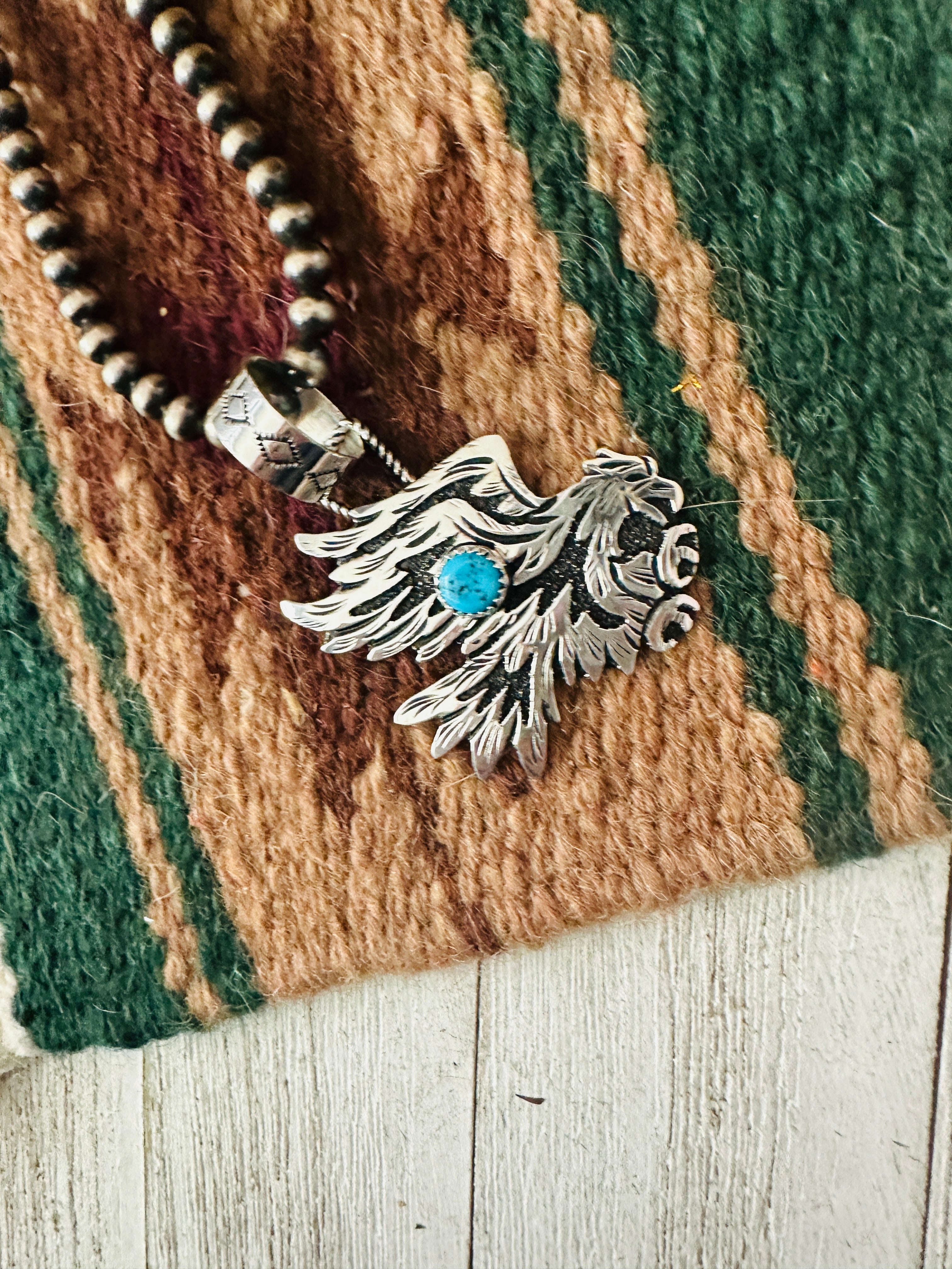 Navajo Turquoise & Sterling Silver Eagle Pendant Signed Richard Singer