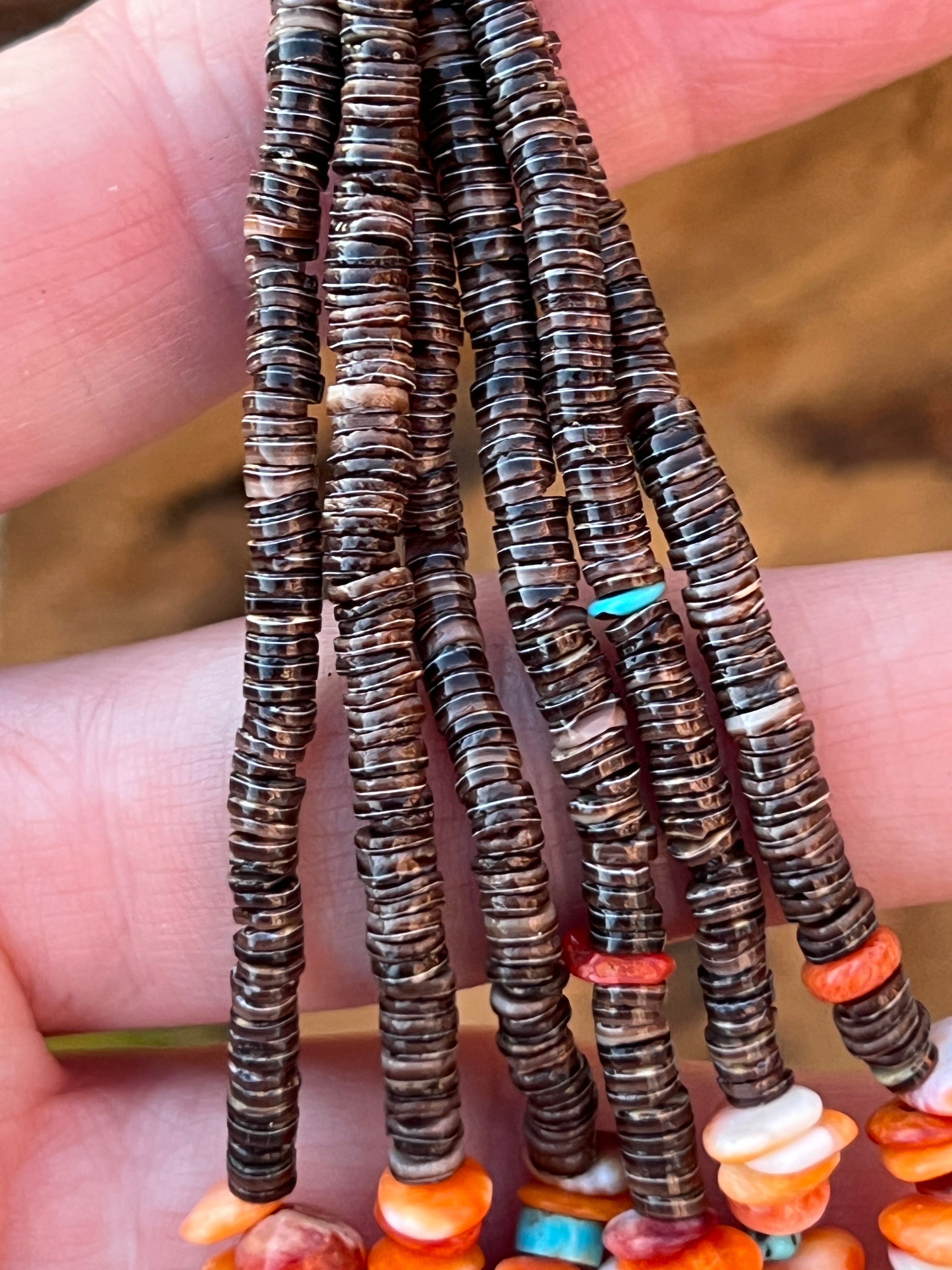 Gorgeous Santo Domingo Made Six Strand Spiny Oyster and Turquoise Beaded Squaw Wrap Necklace with Spiny Oyster Tabs