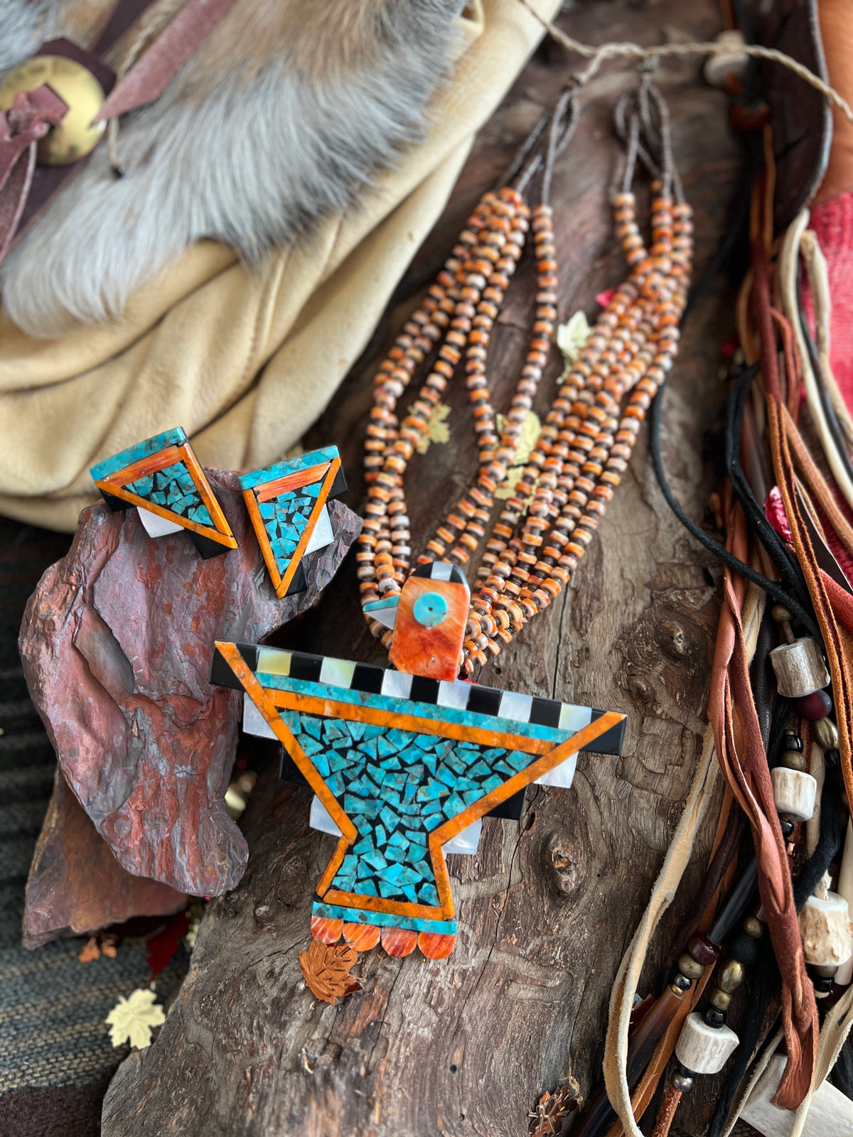 Warren Nieto Inlay Turquoise and Spiny Oyster Thunderbird  Necklace & Earrings Set