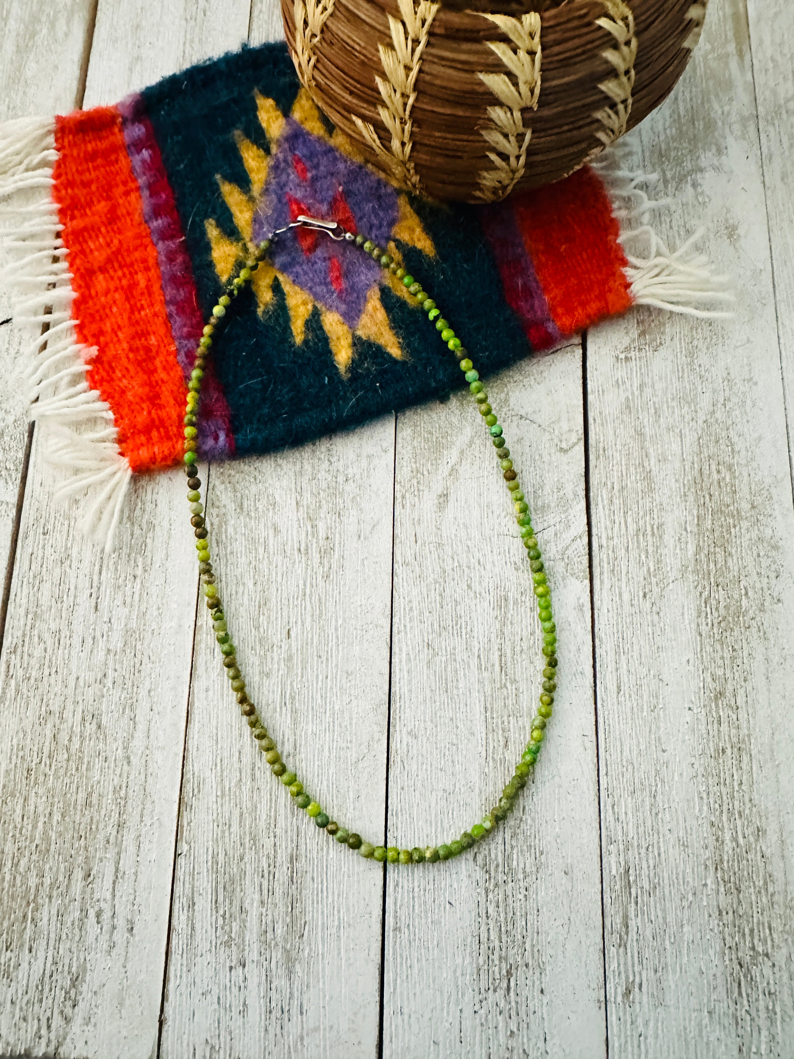 Navajo Green Turquoise & Sterling Silver 16” Beaded Necklace