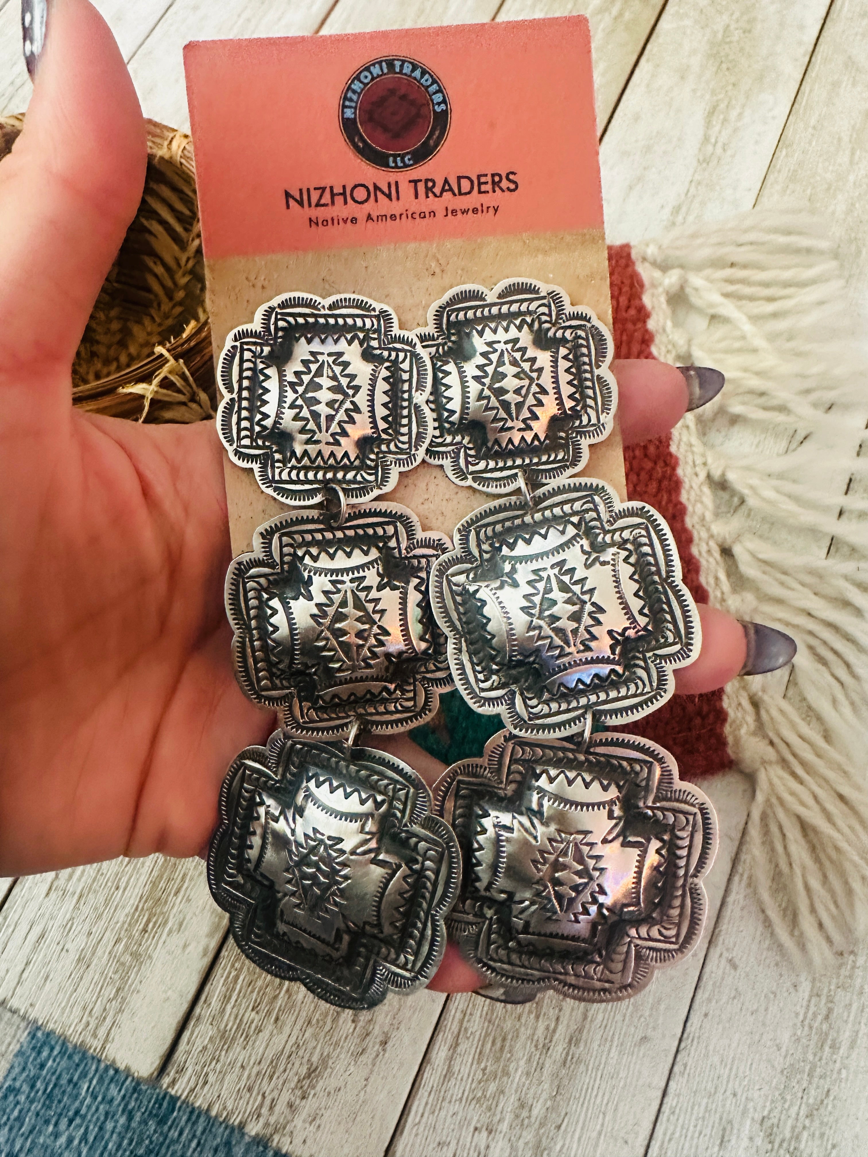 Handcrafted Sterling Silver Concho Dangle Earrings by Leander Tahe