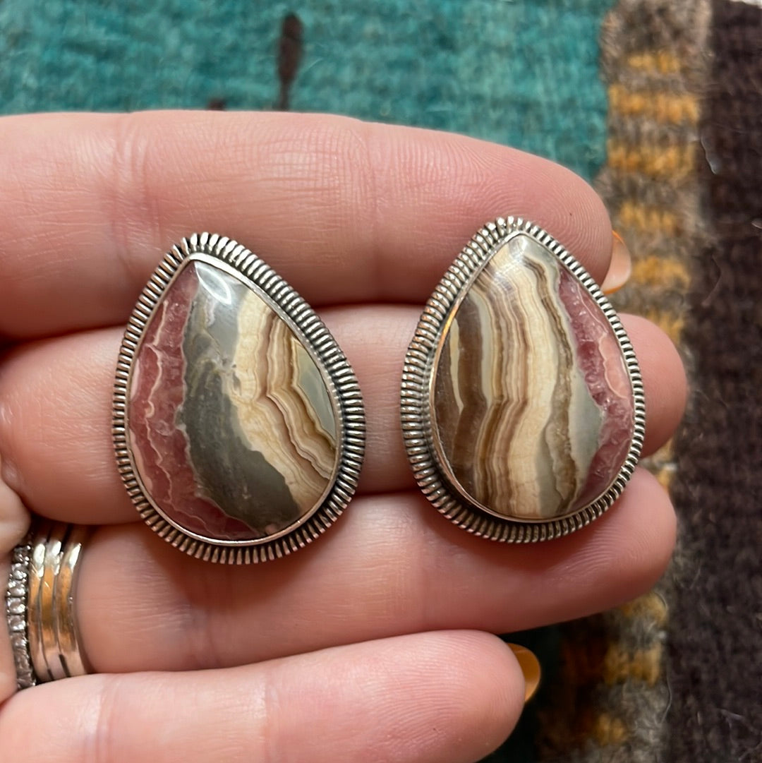 Navajo Sterling Silver & Rhodochrosite Stone Post Earrings