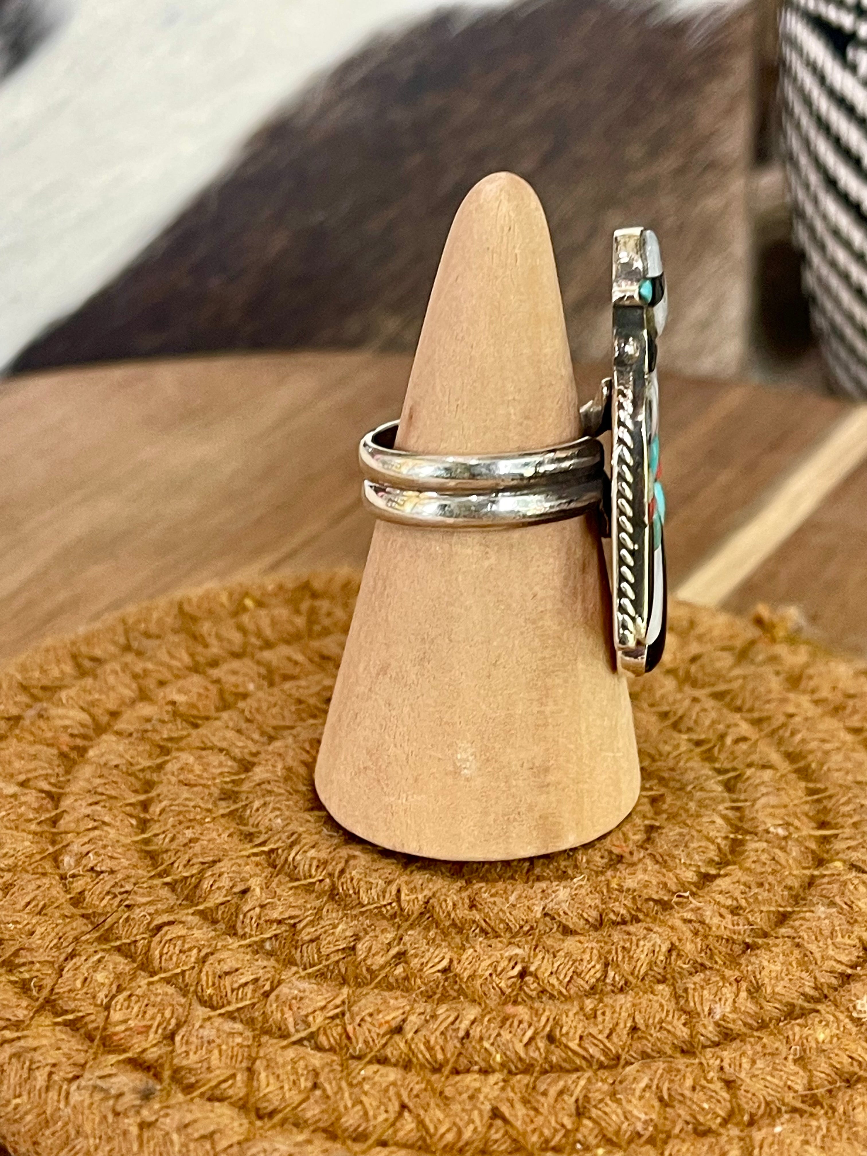 Handmade Sterling Silver & Multi Stone Thunderbird Adjustable Ring