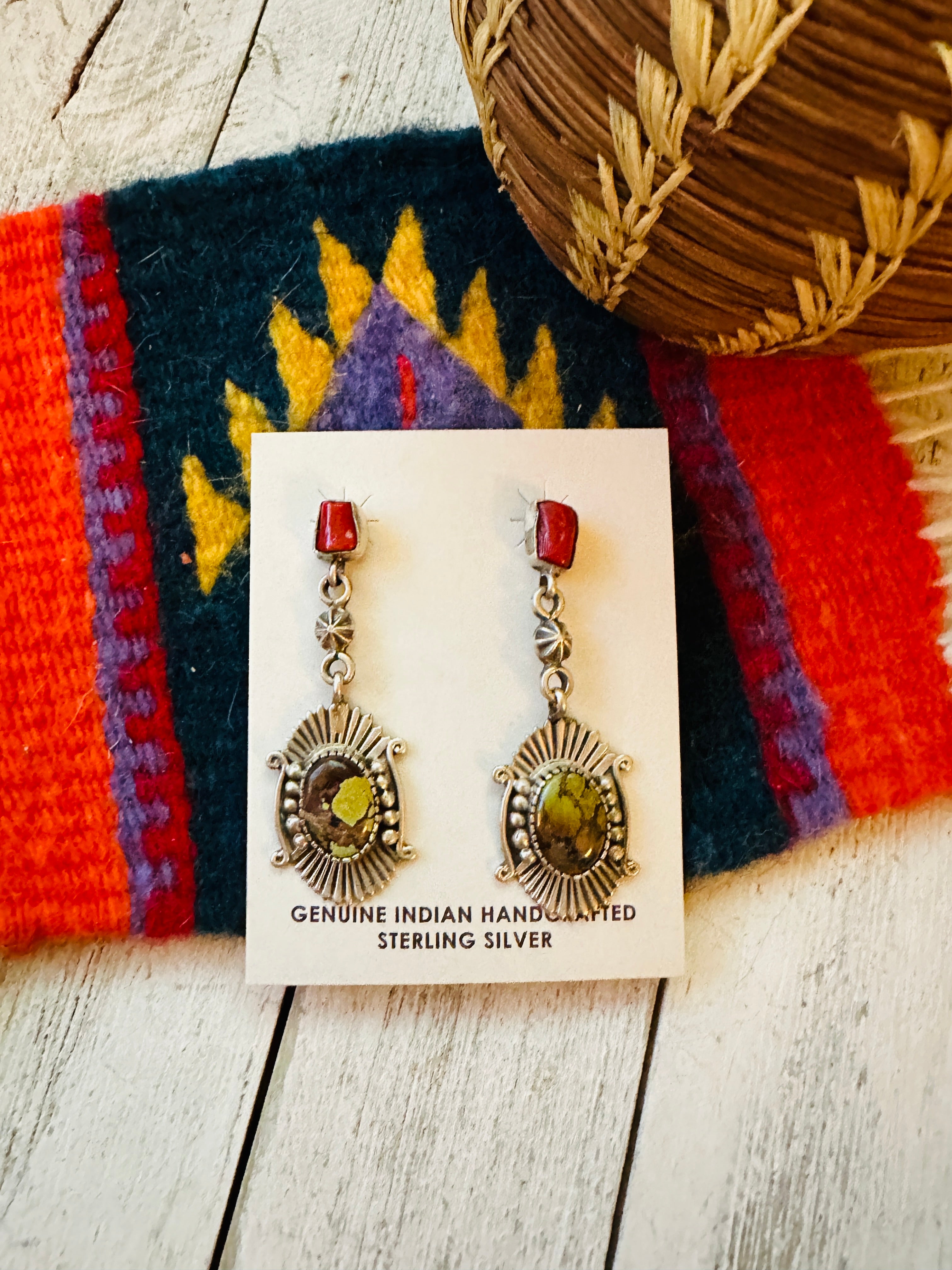 Navajo Tibetan Turquoise, Coral & Sterling Silver Dangle Earrings