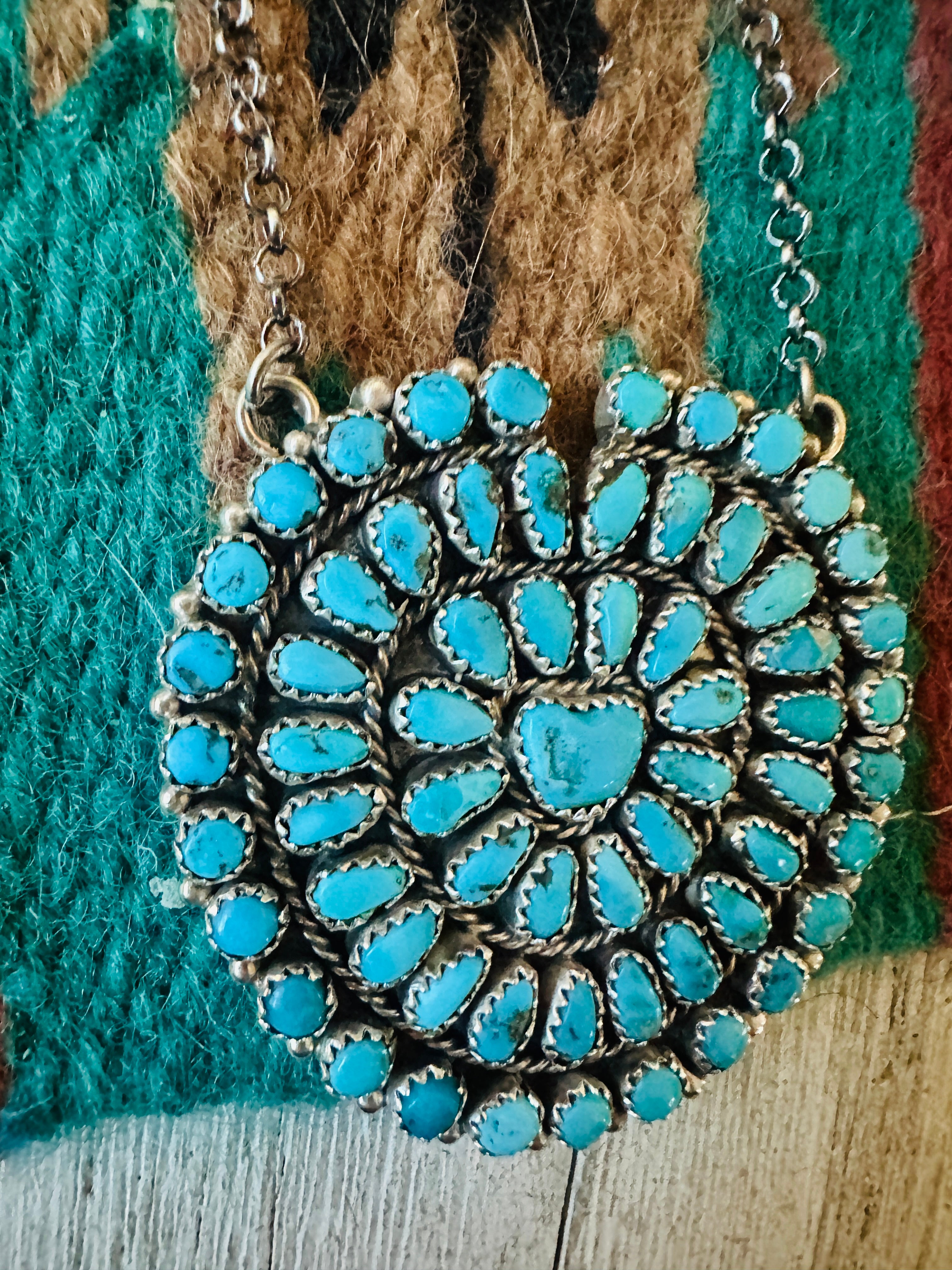 Navajo Kingman Turquoise & Sterling Silver Cluster Necklace