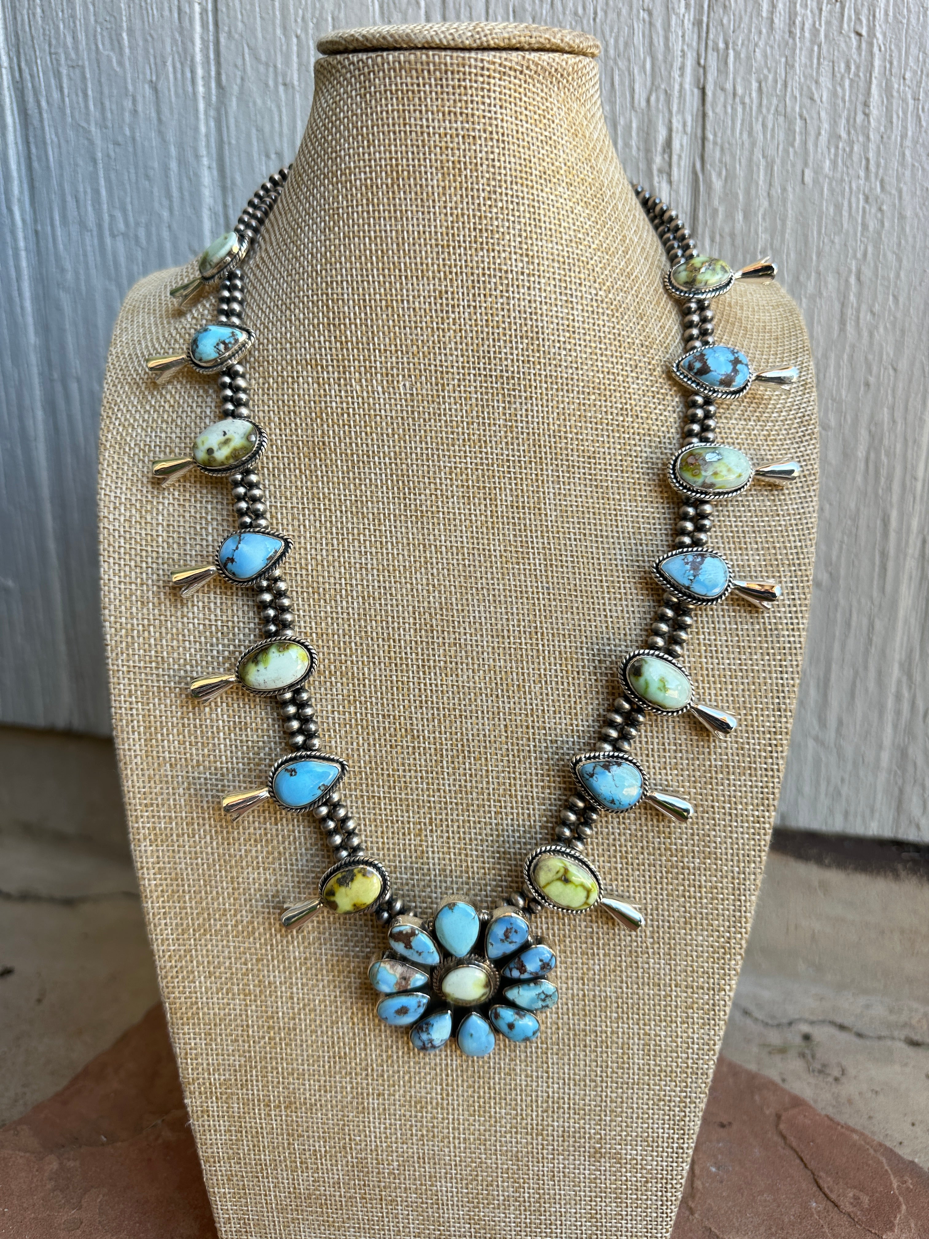 Handmade Sterling Silver, Golden Hills Turquoise & Palomino Turquoise Blossom Necklace Signed Nizhoni