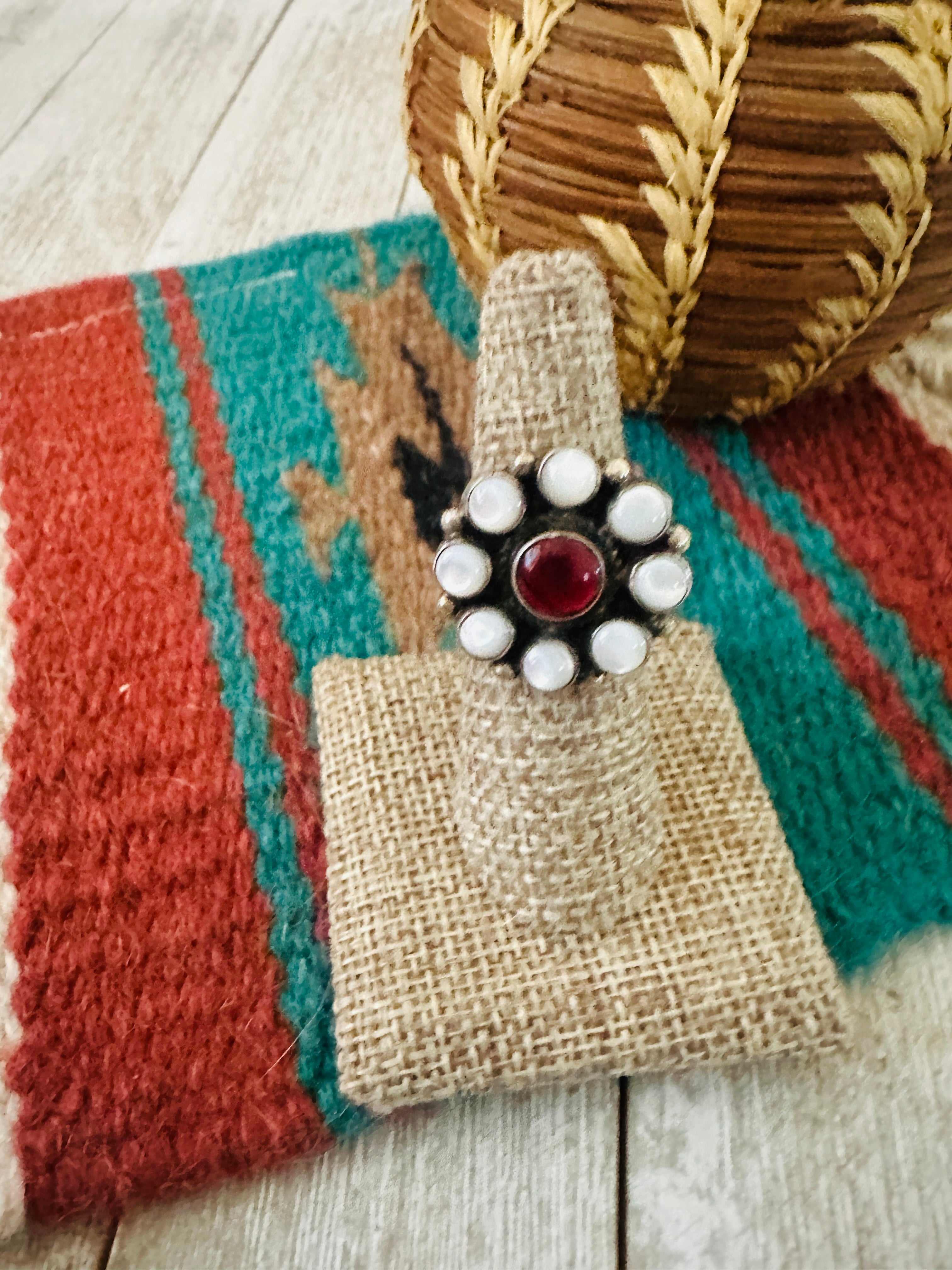 Handcrafted Sterling Silver, Mother of Pearl and Garnet Cluster Adjustable Ring