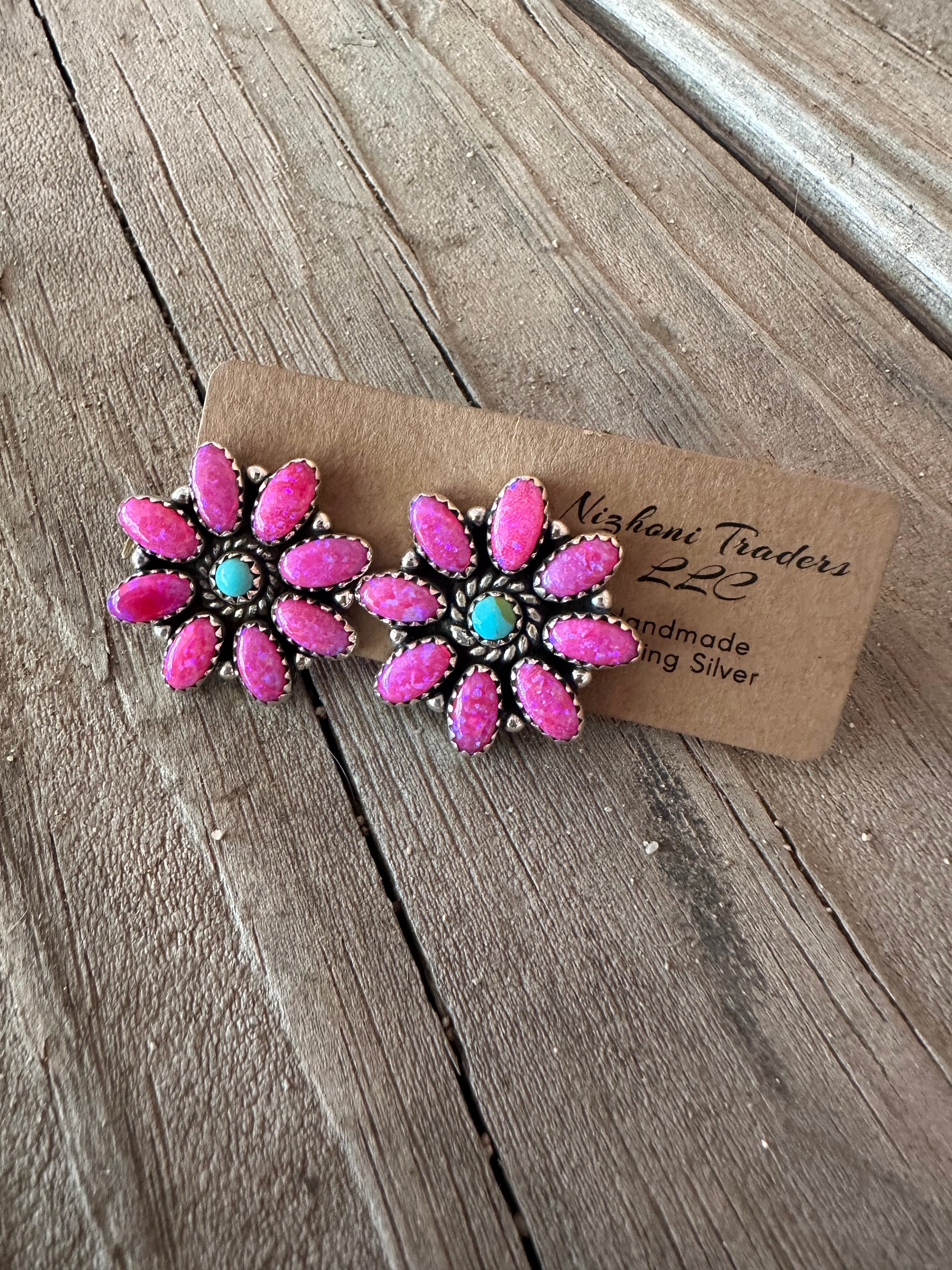 Handmade Hot Pink Fire Opal, Turquoise and Sterling Silver Flower Post Earrings