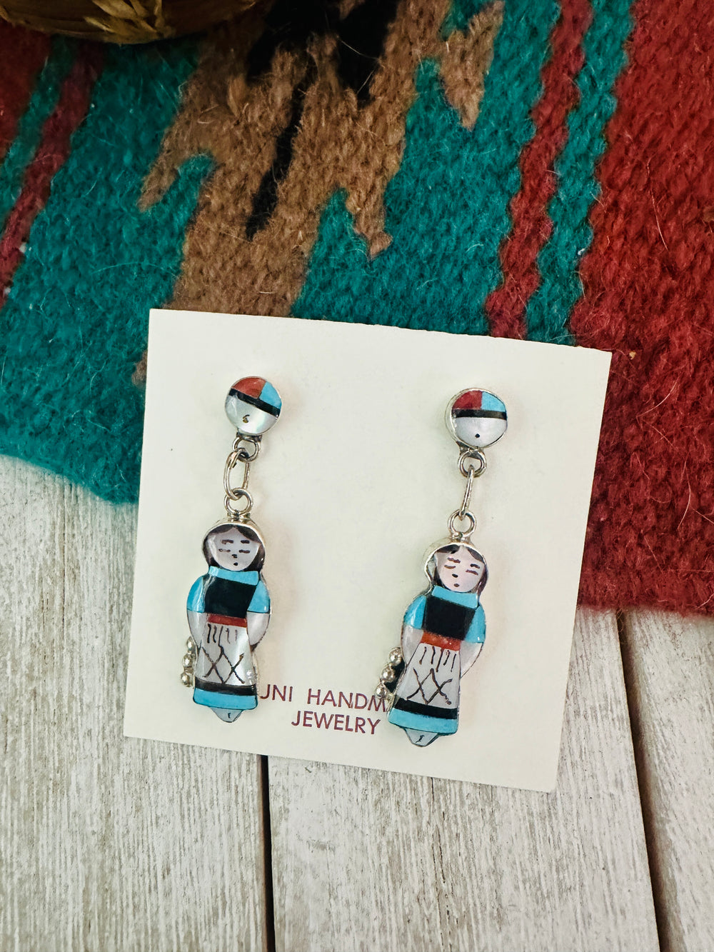 Handcrafted Multi Stone & Sterling Silver Inlay Maiden Girl Dangle Earrings