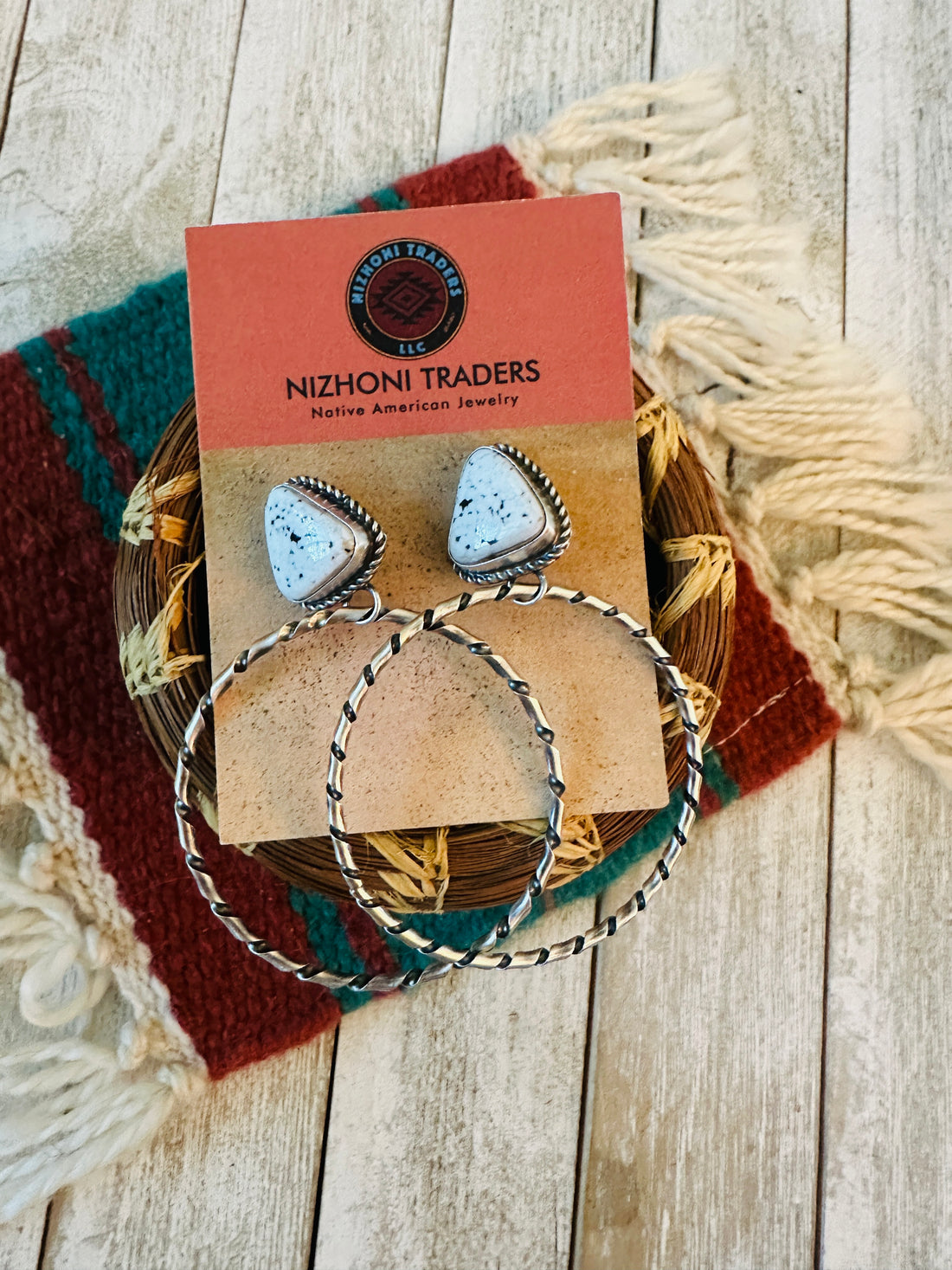 Navajo White Buffalo and Sterling Silver Dangle Hoop Earrings