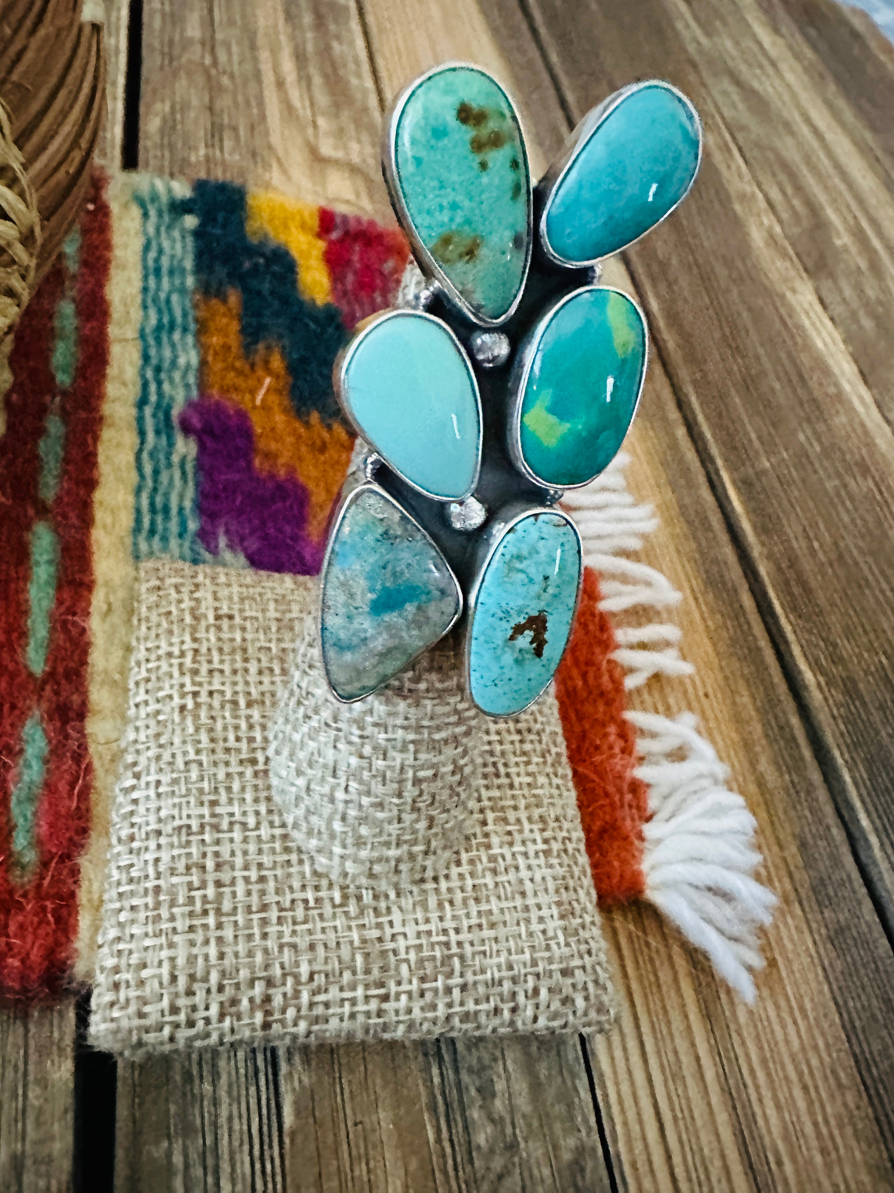 Handcrafted Turquoise & Sterling Silver Cluster Adjustable Ring