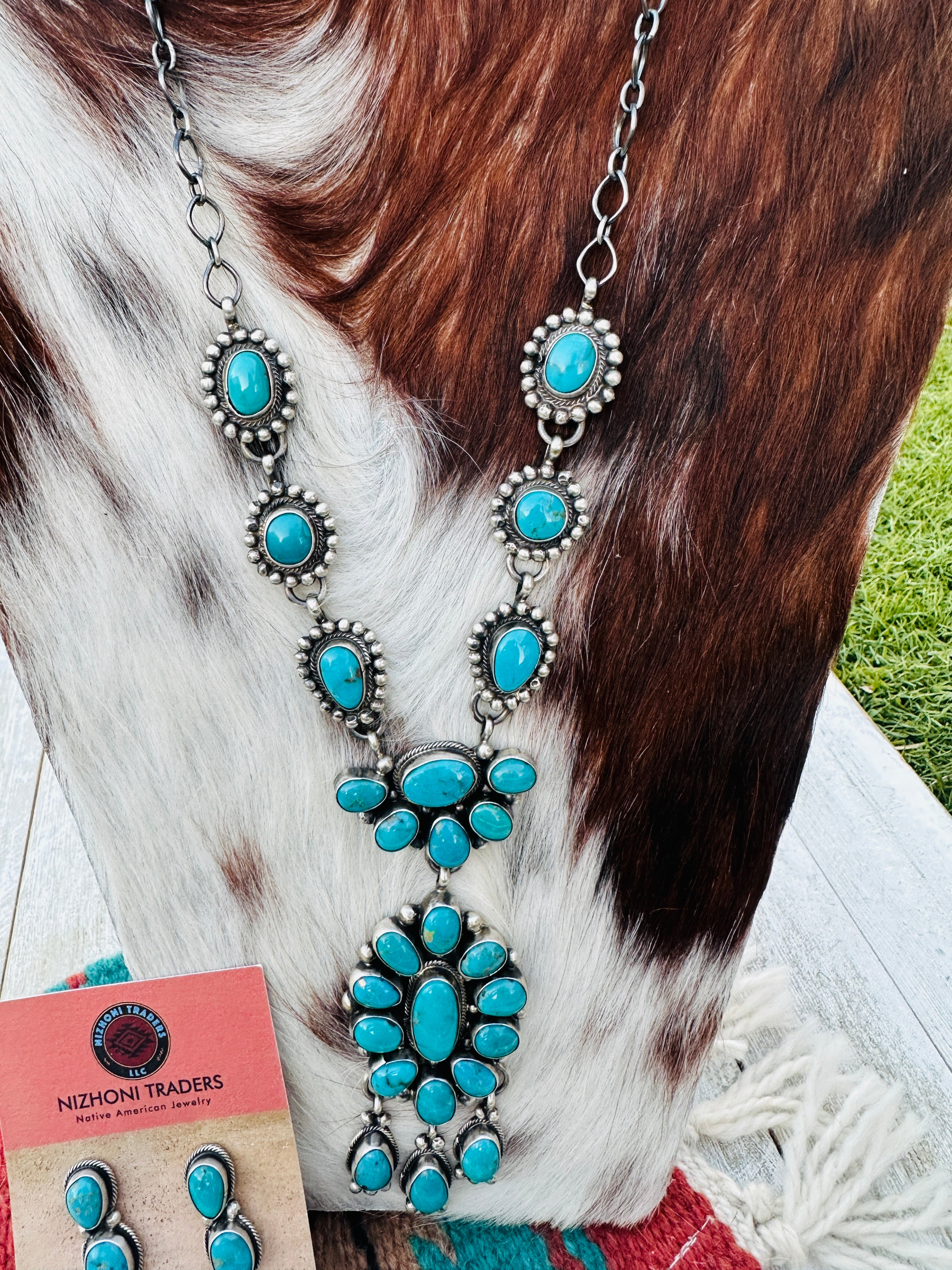 Handcrafted Kingman Turquoise & Sterling Silver Necklace and Earring Set