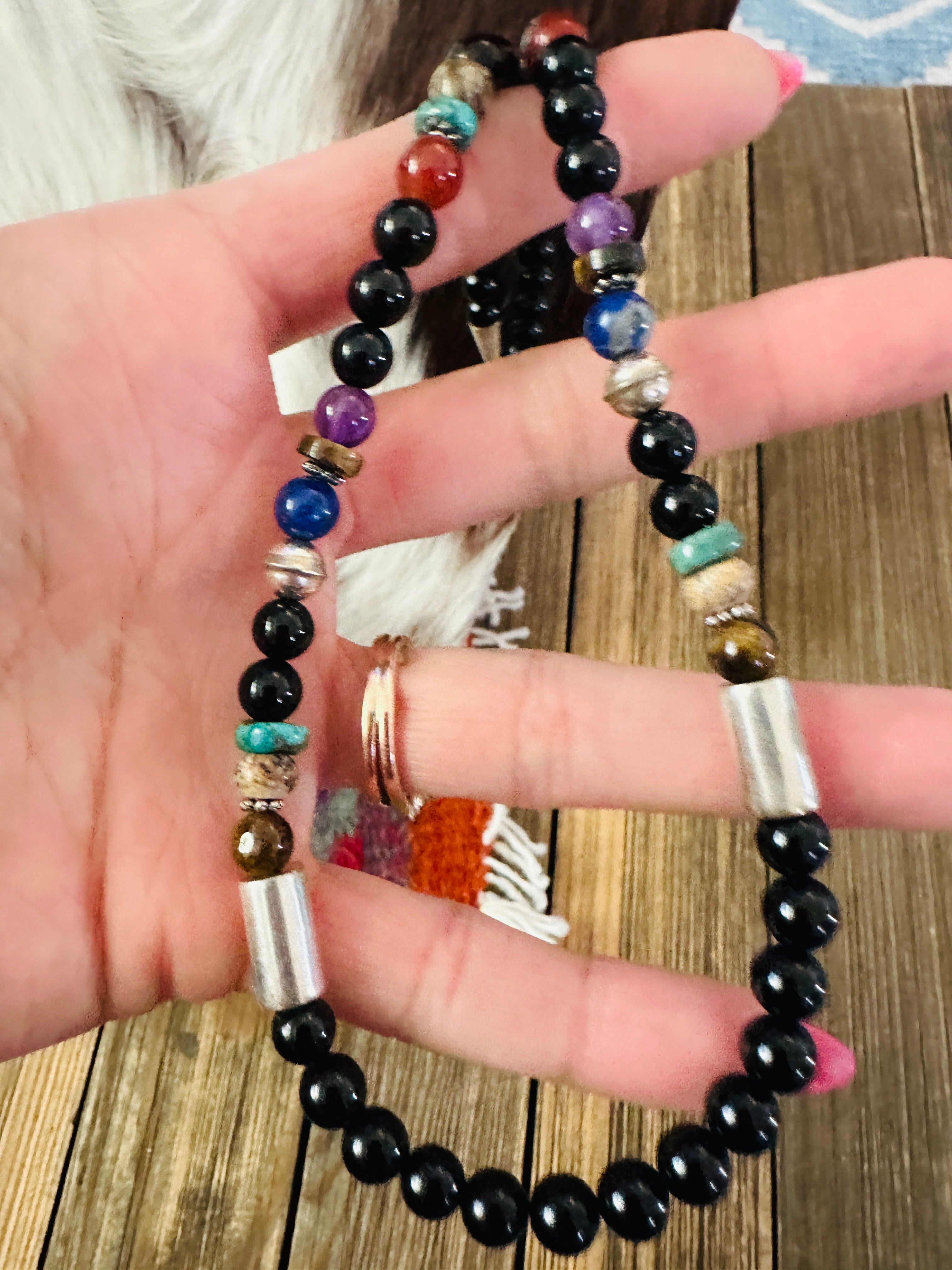 Handcrafted Multi Stone & Sterling Silver Beaded 18” Necklace by T & R Singer