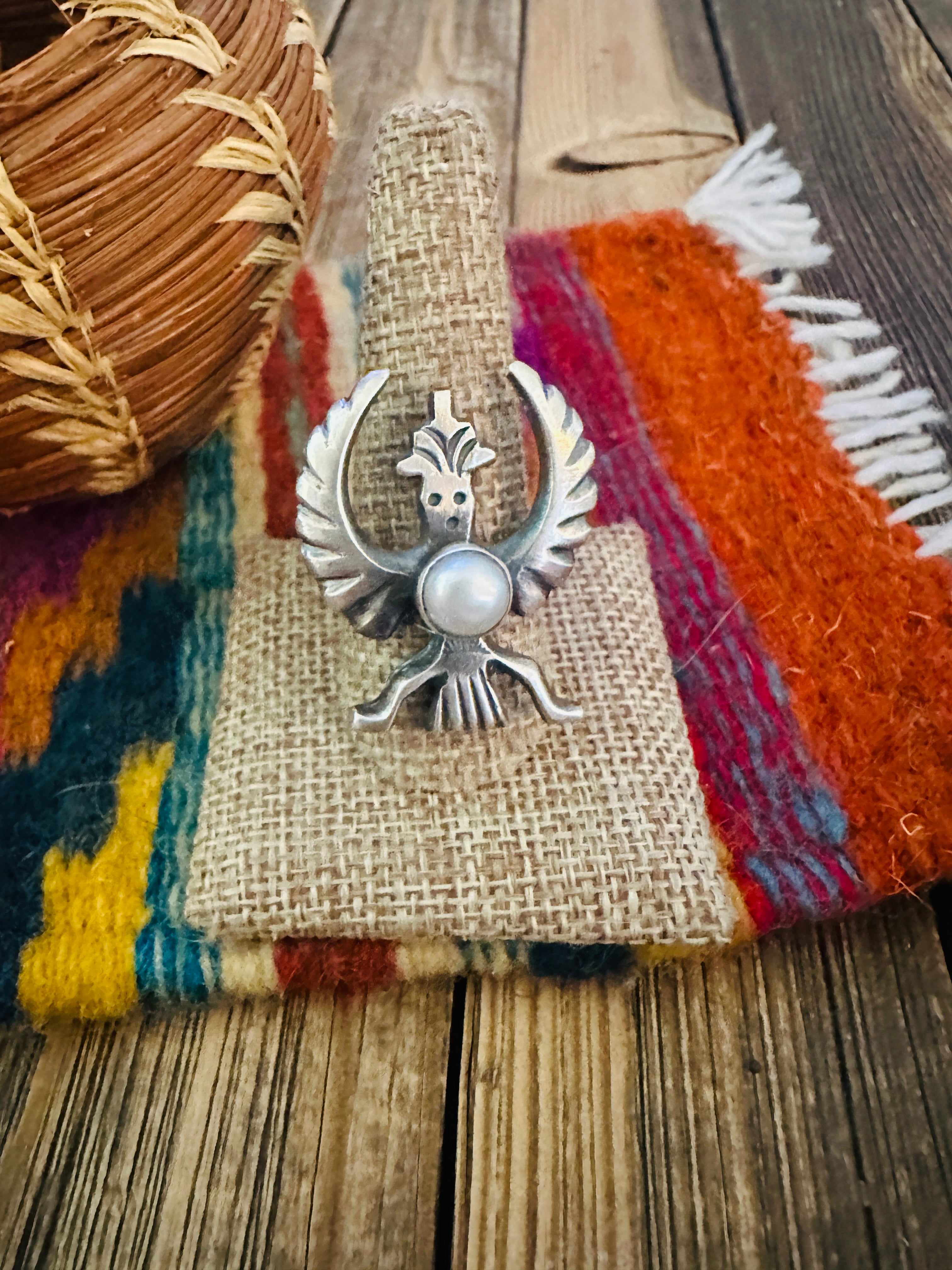 Handcrafted Pearl & Sterling Silver Thunderbird Ring size 10 by Chimney Butte