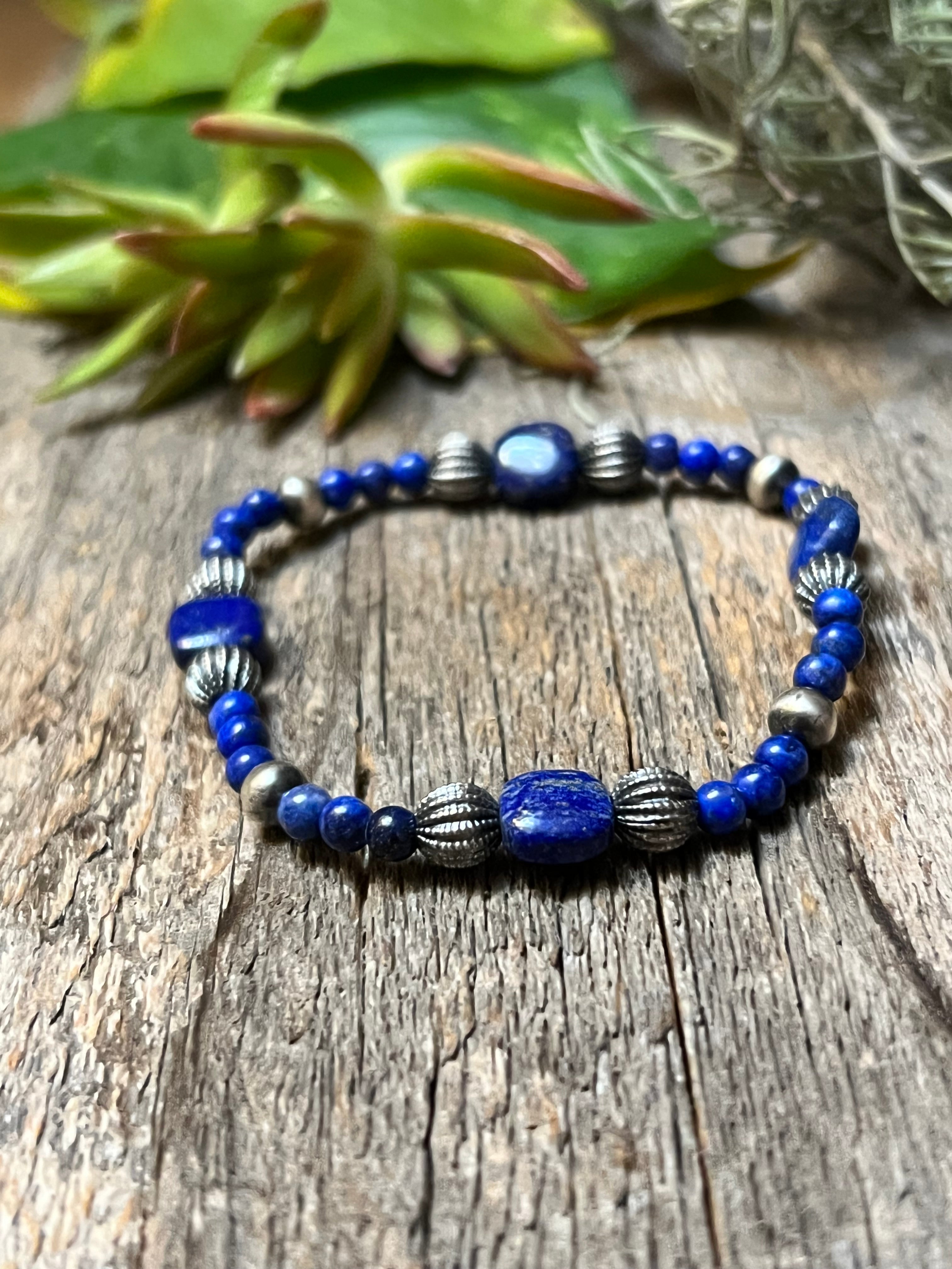 Handmade Lapis & Sterling Silver Beaded Bracelet