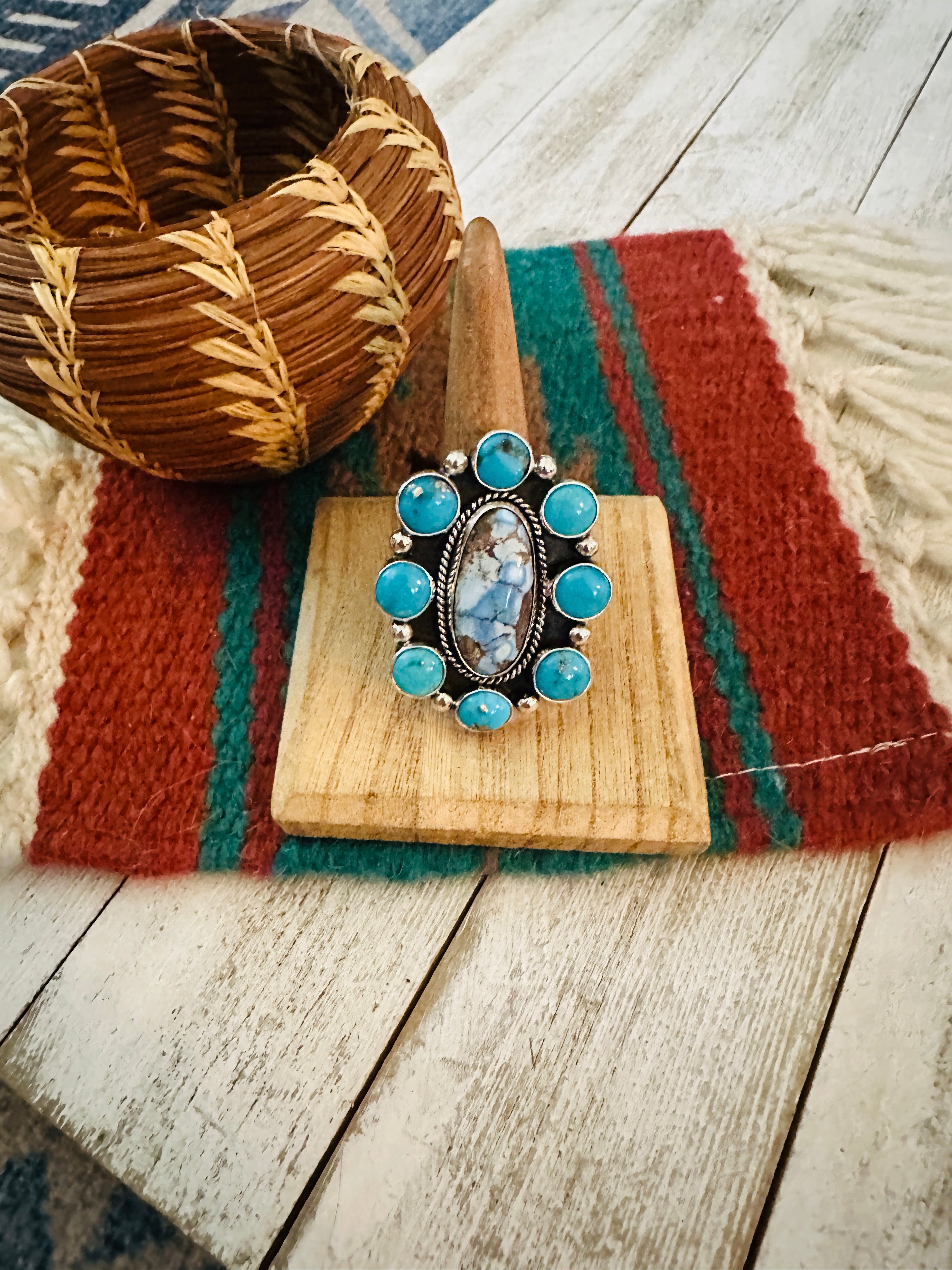 Navajo Sterling Silver & Multi Turquoise Cluster Adjustable Ring