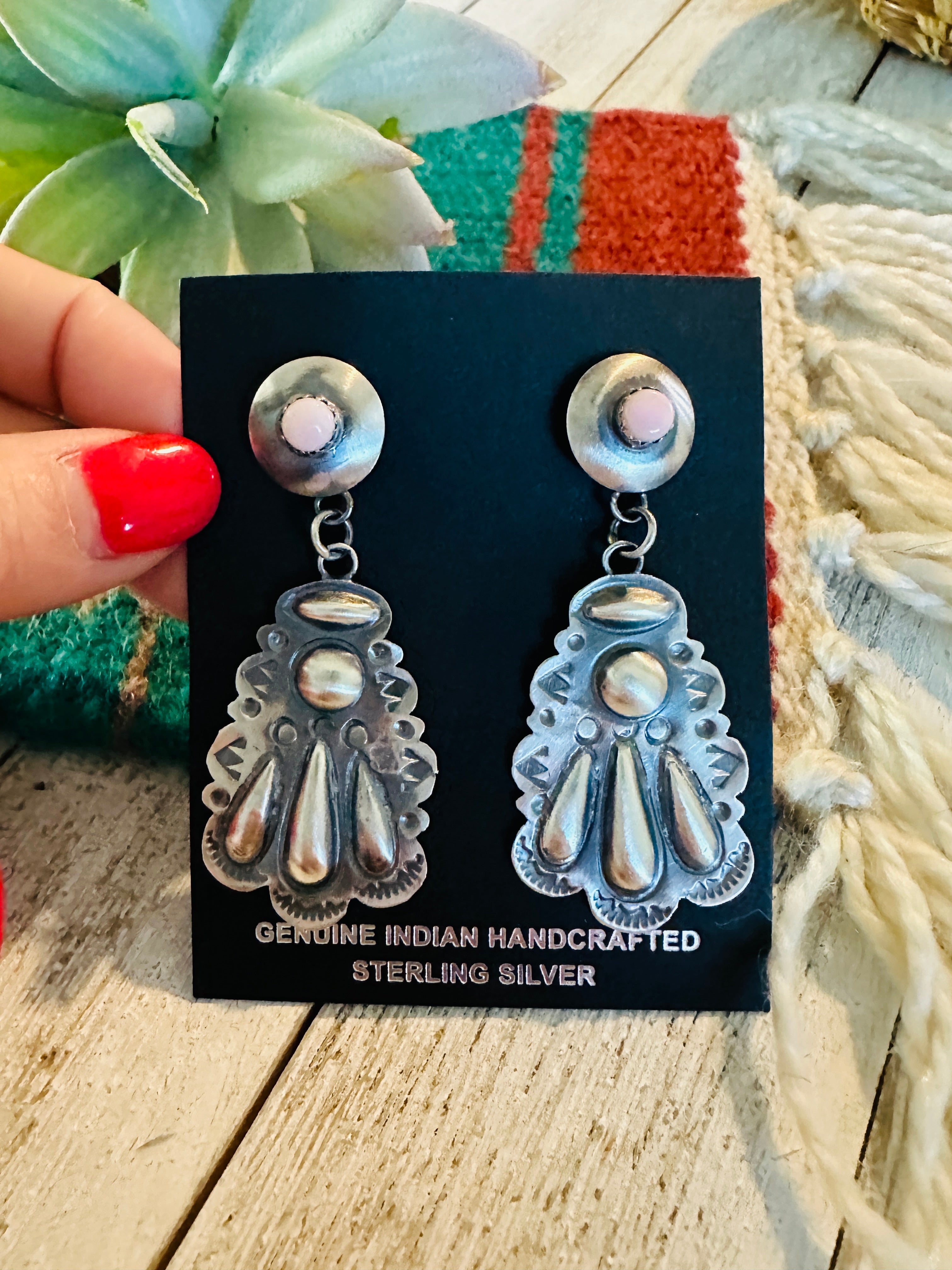 Navajo Queen Pink Conch & Sterling Silver Concho Dangle Earrings