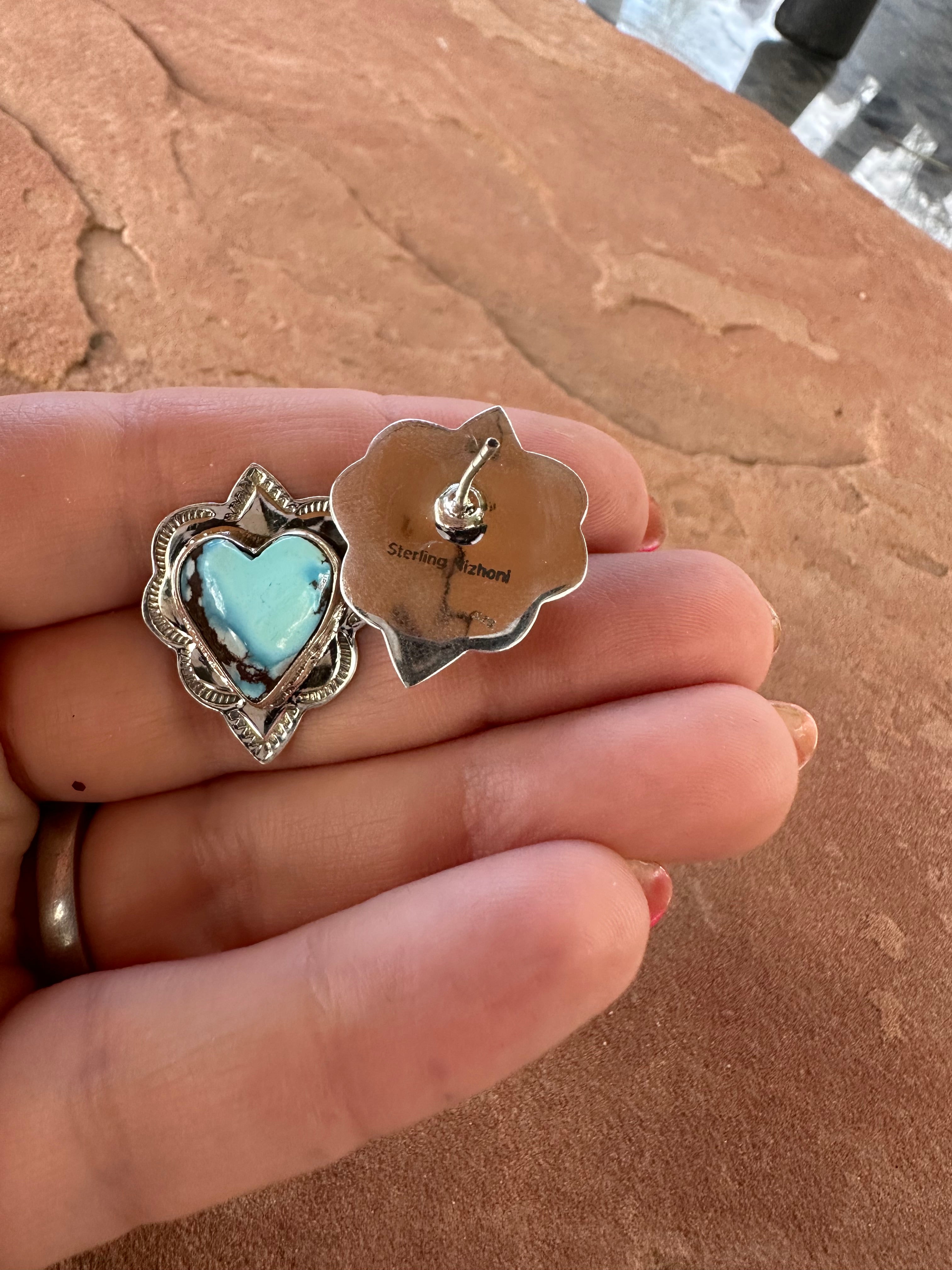 Handmade Golden Hills Turquoise and Sterling Silver Heart Post Earrings