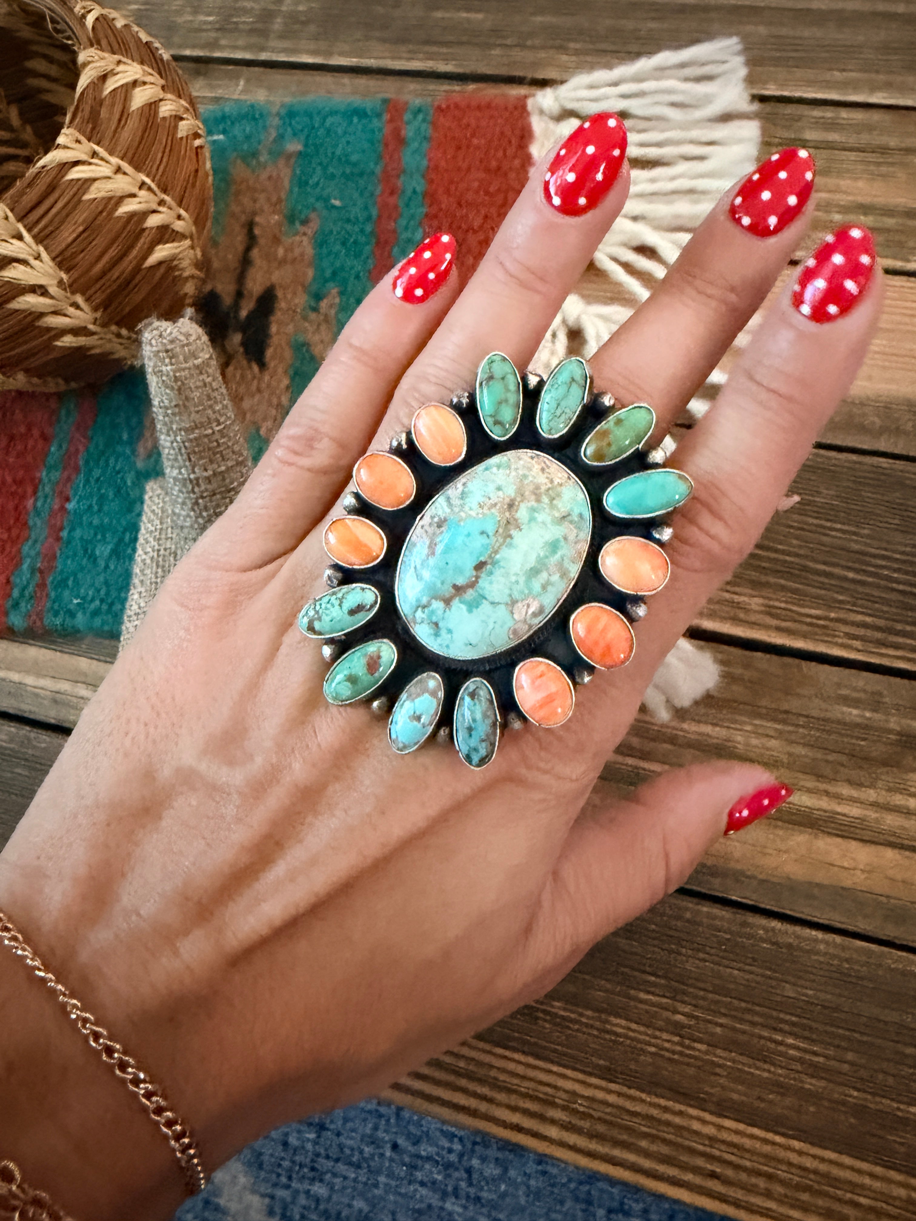 Handcrafted Spiny Oyster, Turquoise & Sterling Silver Cluster Ring by Sheila Becenti Size 11.5